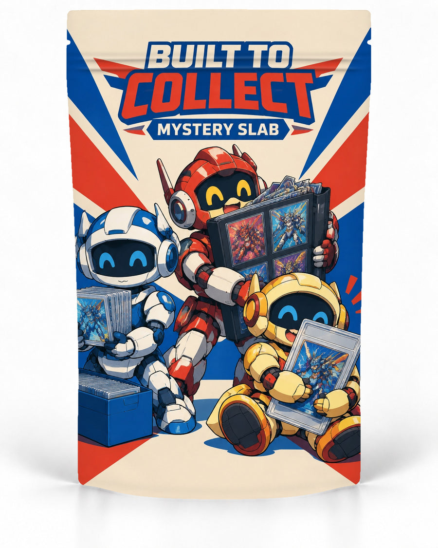 Built to Collect direct-printed mystery slab bag with red, blue and yellow toy robots holding cards against a cream sunburst.