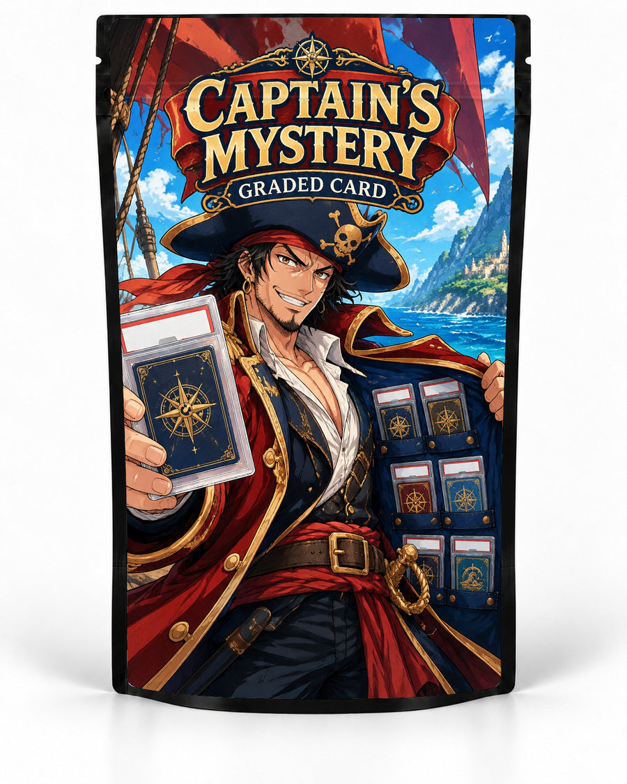 Captains Mystery mystery slab bag mock-up on a black pouch, featuring a confident pirate captain displaying a mystery graded card with more slabs tucked into his coat, framed by sails, sea and a distant island