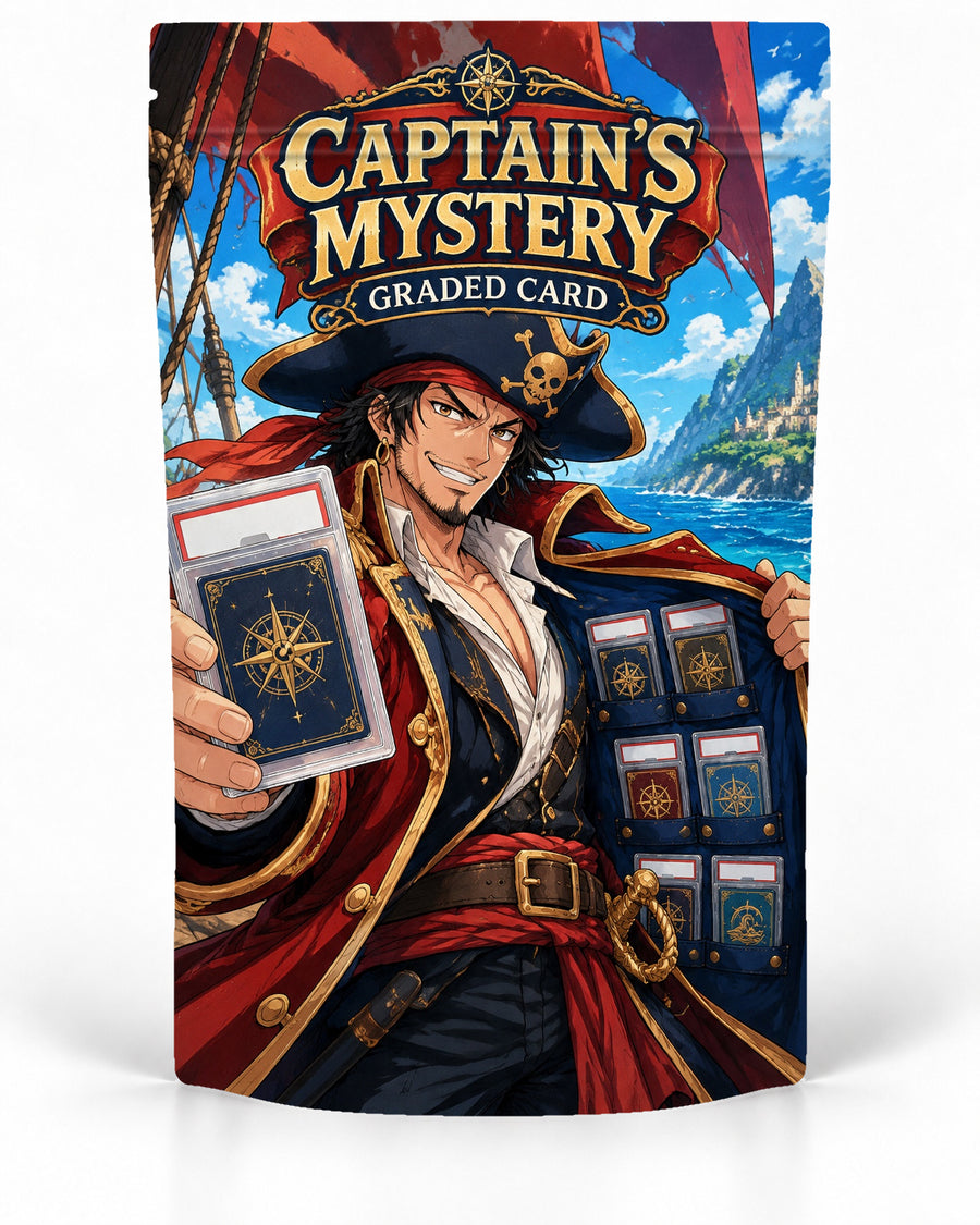 Captains Mystery direct-printed mystery slab bag mock-up featuring a confident pirate captain displaying a mystery graded card with more slabs tucked into his coat, framed by sails, sea and a distant island