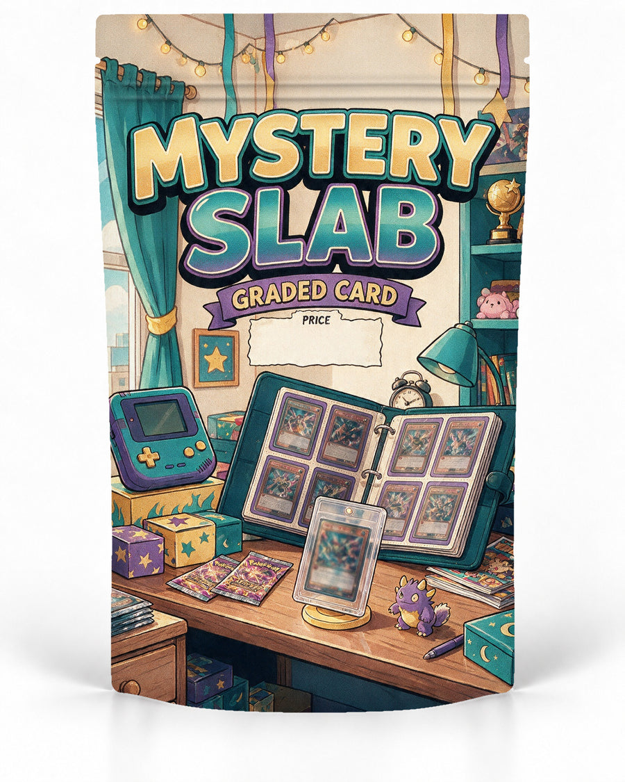 Collector Room direct-printed mystery slab bag mock-up featuring a cosy retro collector room filled with a card binder, graded-card display, handheld game console, boxes and string lights in teal, purple and gold