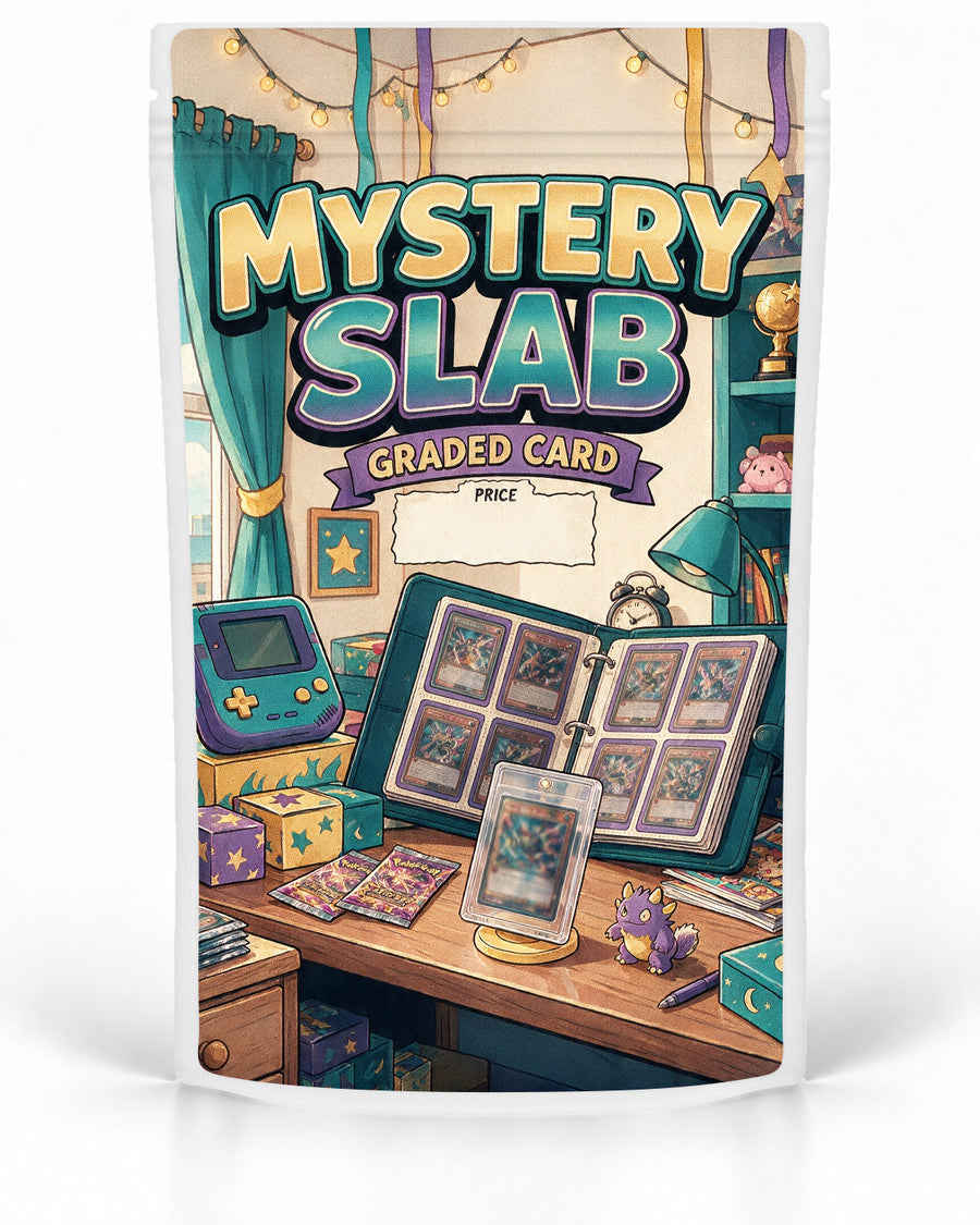 Collector Room mystery slab bag mock-up on a white pouch, featuring a cosy retro collector room filled with a card binder, graded-card display, handheld game console, boxes and string lights in teal, purple and gold