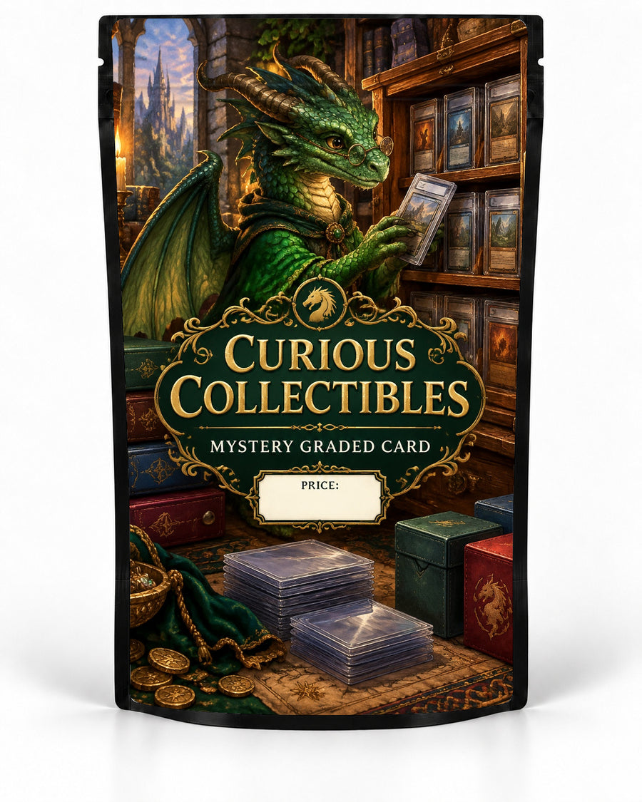 Curious Collectibles mystery slab bag mock-up on a black pouch, featuring a scholarly green dragon wearing spectacles while browsing graded cards in an old-world collector shop filled with wooden cabinets and boxed treasures