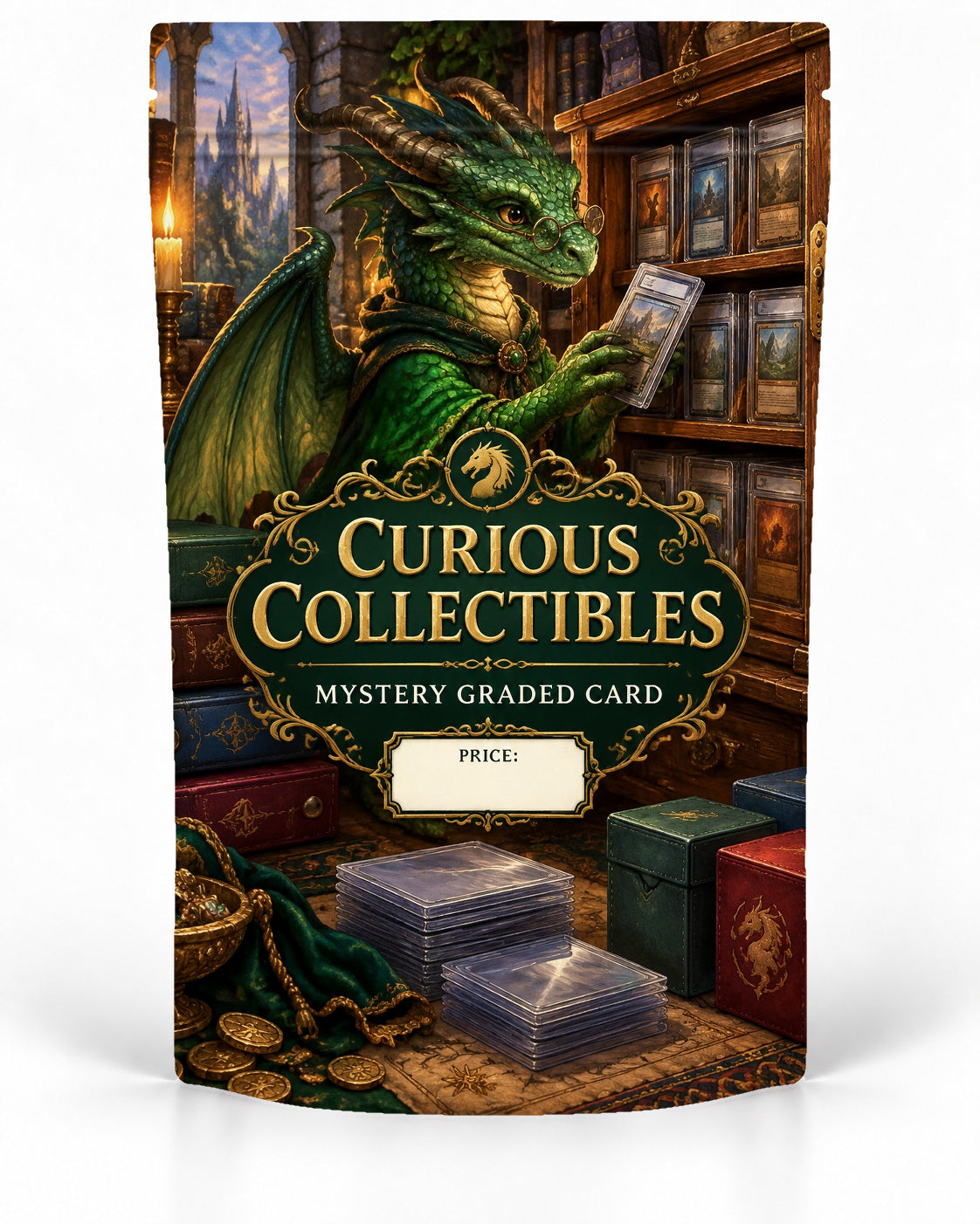 Curious Collectibles direct-printed mystery slab bag mock-up featuring a scholarly green dragon wearing spectacles while browsing graded cards in an old-world collector shop filled with wooden cabinets and boxed treasures
