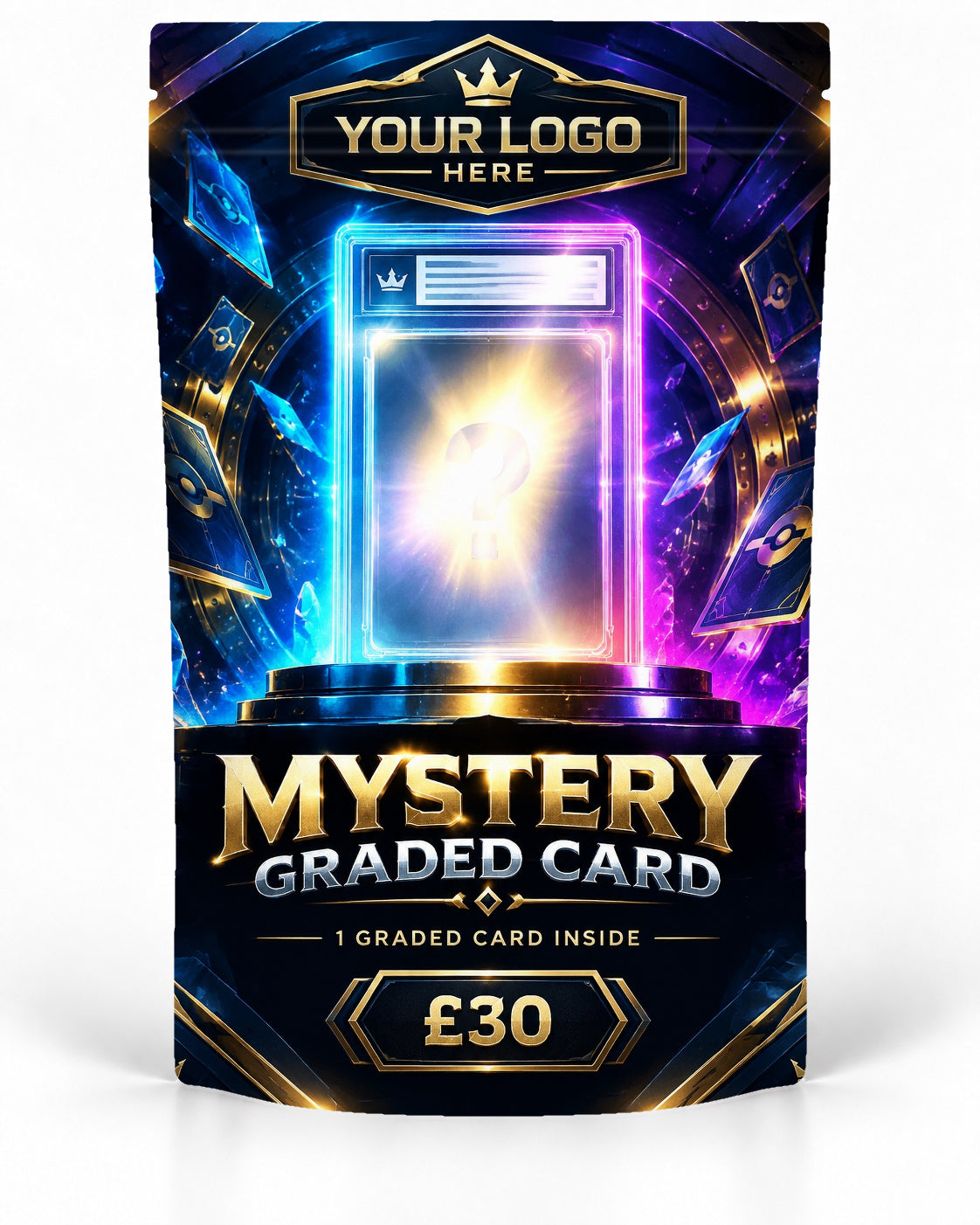 Custom mystery graded-card bag mock-up with blue and purple artwork, a glowing slab, gold lettering and space for a logo.