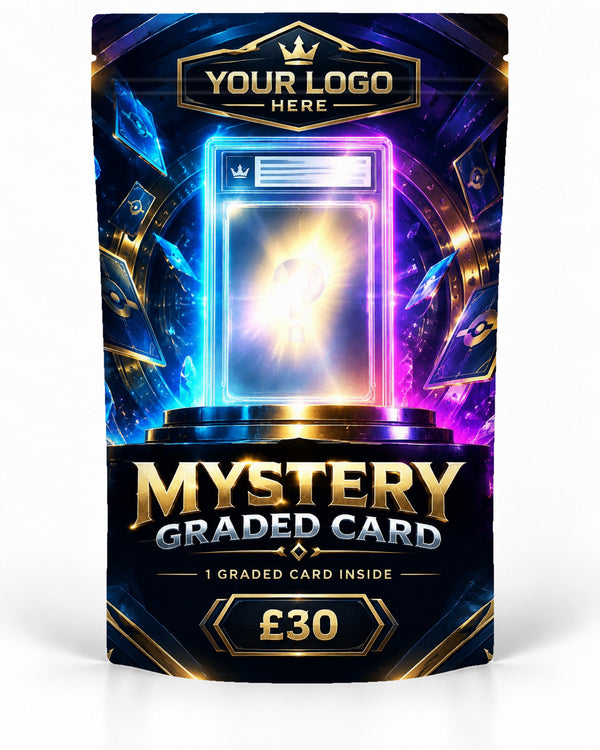 Custom mystery graded-card bag mock-up with blue and purple artwork, a glowing slab, gold lettering and space for a logo.