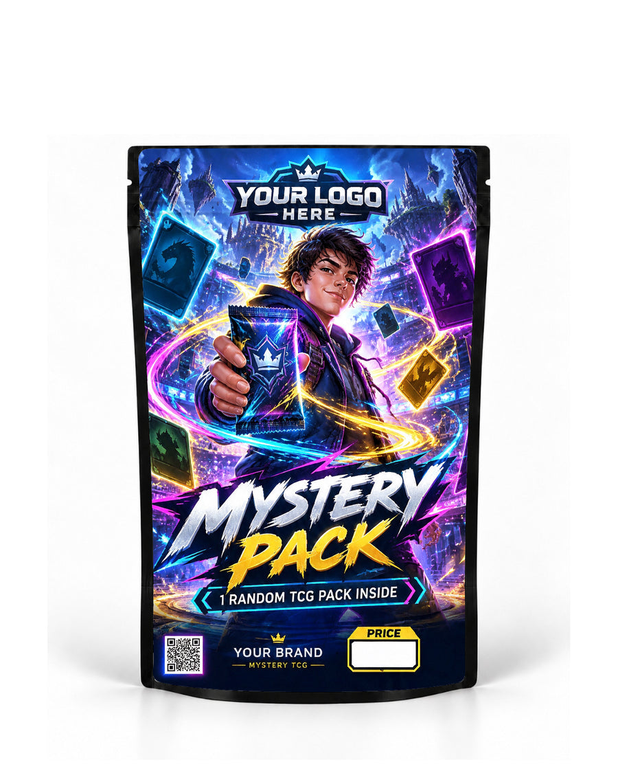 Custom mystery TCG pack bag on a black pouch, with a collector, blue and purple lightning, logo space, QR code and white price box.