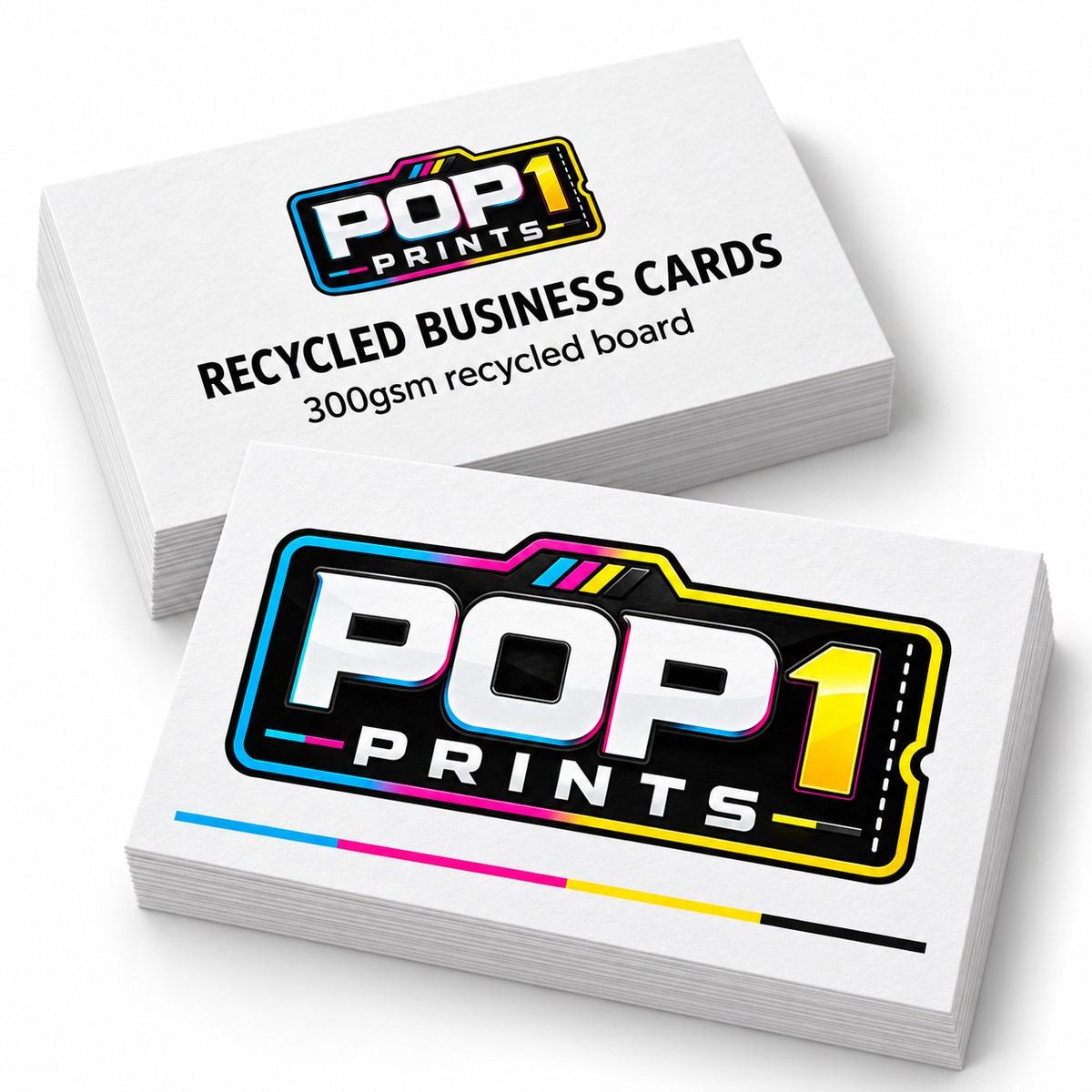 POP1 Prints white 300gsm recycled business cards in overlapping stacks, with a natural matt finish.