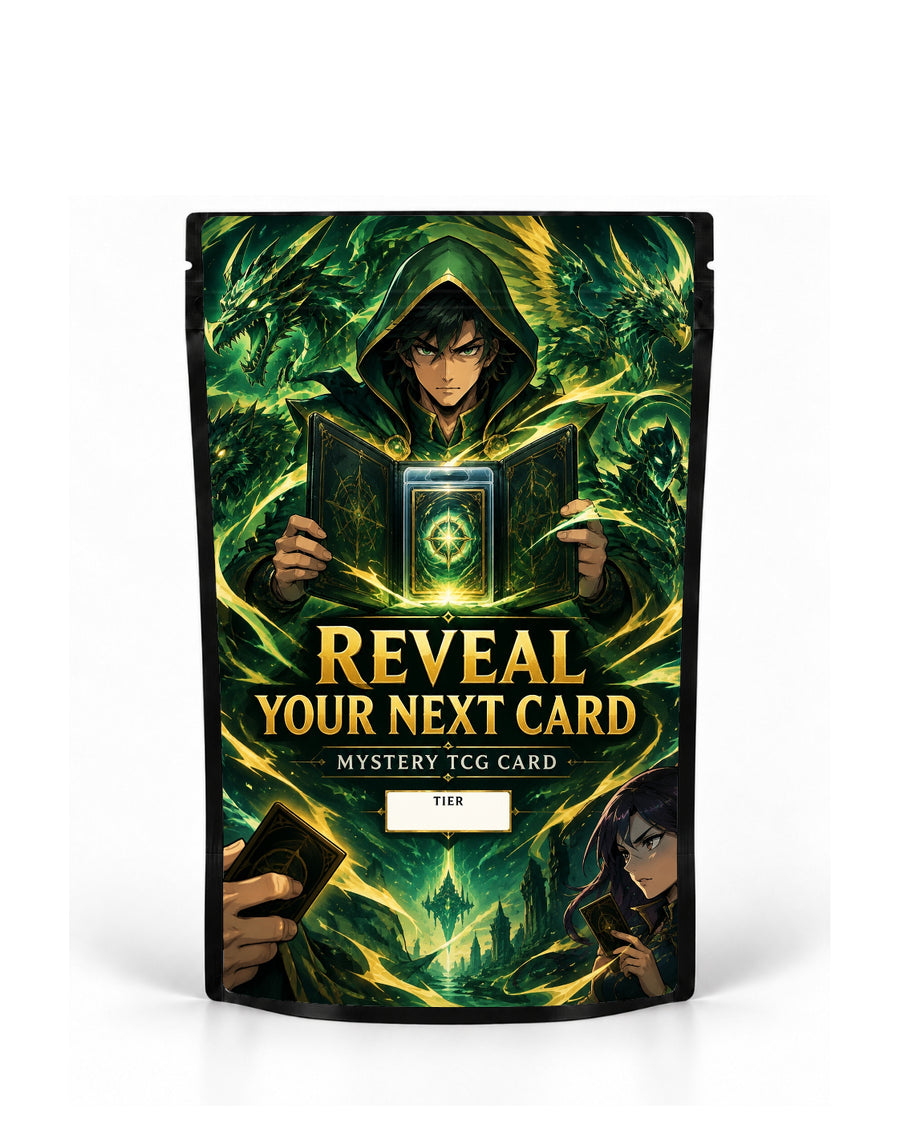 Emerald Dragon mystery TCG card bag mock-up on a black pouch, featuring a hooded green mage revealing a glowing mystery card from an ornate book while emerald dragons and gold-green magical energy swirl around him