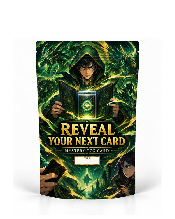 Emerald Dragon direct-printed mystery TCG card bag mock-up featuring a hooded green mage revealing a glowing mystery card from an ornate book while emerald dragons and gold-green magical energy swirl around him