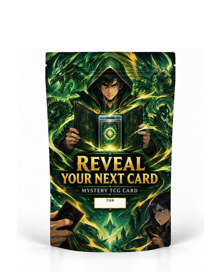 Emerald Dragon direct-printed mystery TCG card bag mock-up featuring a hooded green mage revealing a glowing mystery card from an ornate book while emerald dragons and gold-green magical energy swirl around him