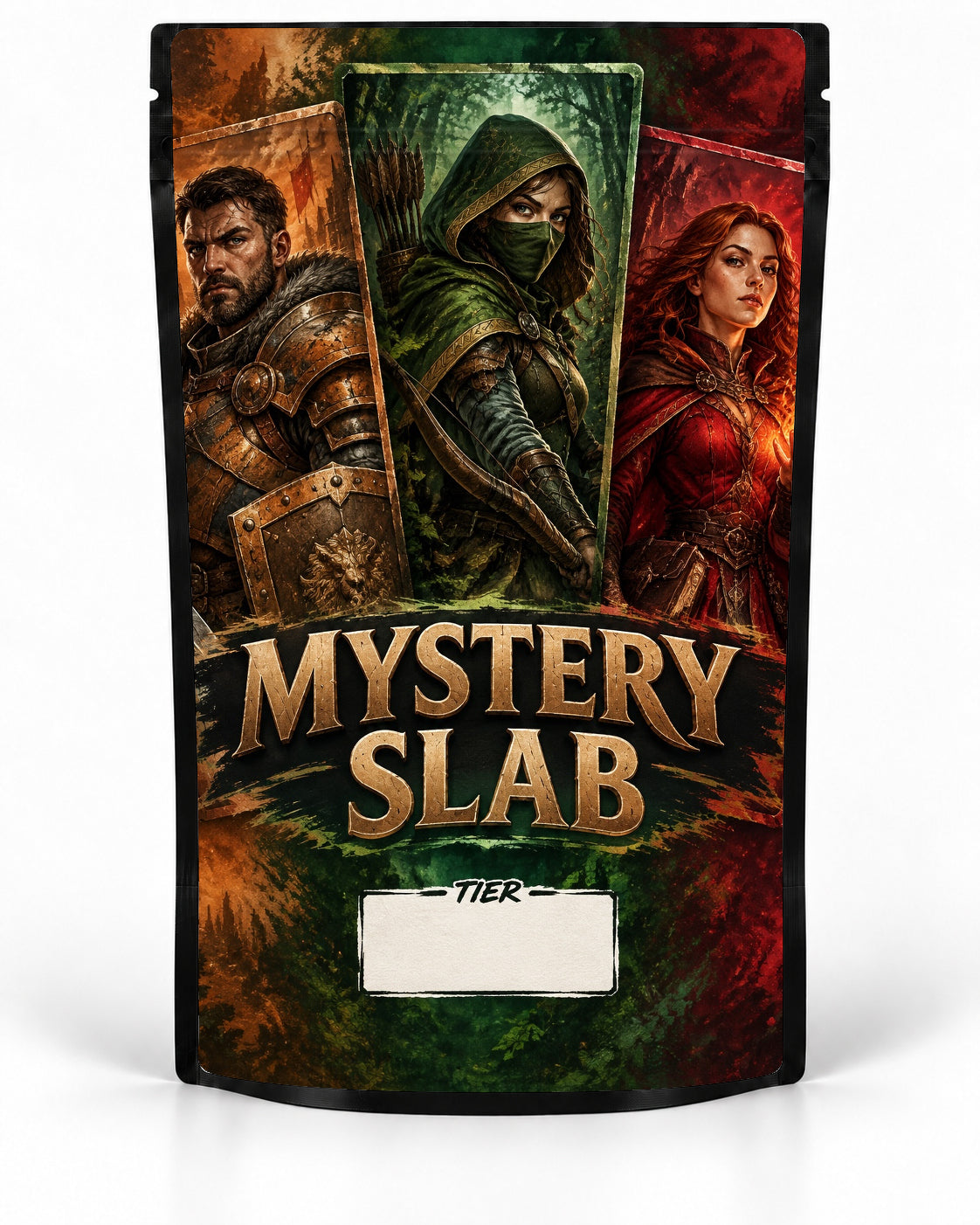 Fantasy Trio mystery slab bag mock-up on a black pouch, featuring three dramatic fantasy portraits — an armoured warrior, a hooded archer and a red-haired mage — in bronze, forest green and crimson tones