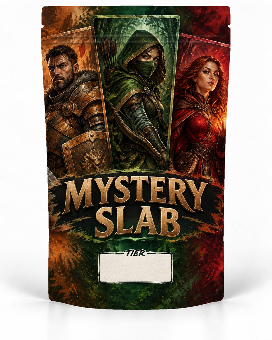 Fantasy Trio direct-printed mystery slab bag mock-up featuring three dramatic fantasy portraits — an armoured warrior, a hooded archer and a red-haired mage — in bronze, forest green and crimson tones