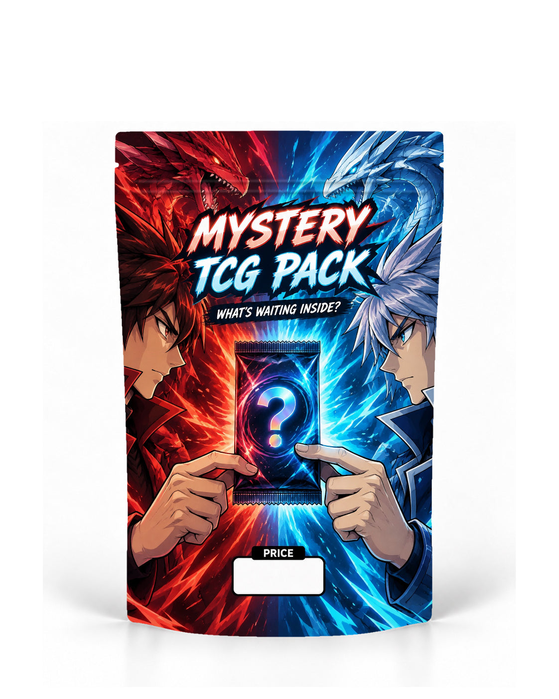 Fire Ice Mystery direct-printed mystery TCG pack bag mock-up featuring a red fire dragon and blue ice dragon facing off above two rival collectors, with a mystery pack suspended between explosive red-and-blue energy