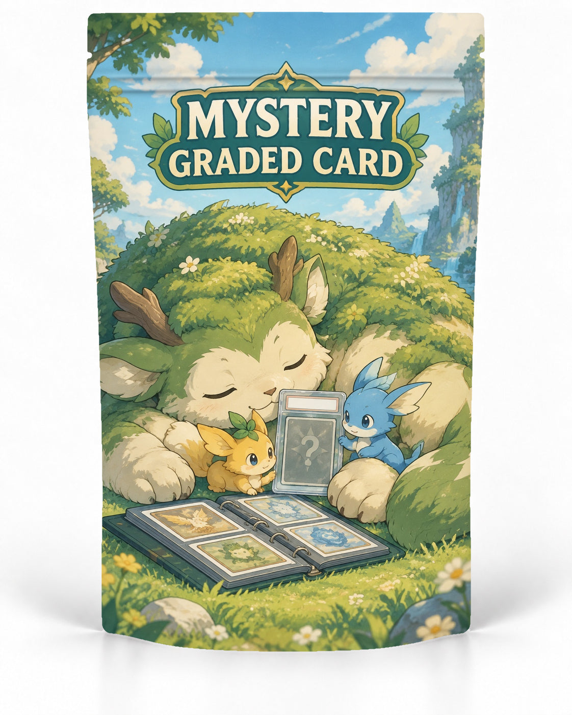Forest Creatures direct-printed mystery slab bag mock-up featuring a gentle moss-covered forest creature resting with two colourful companions beside a mystery graded card and an open collection binder