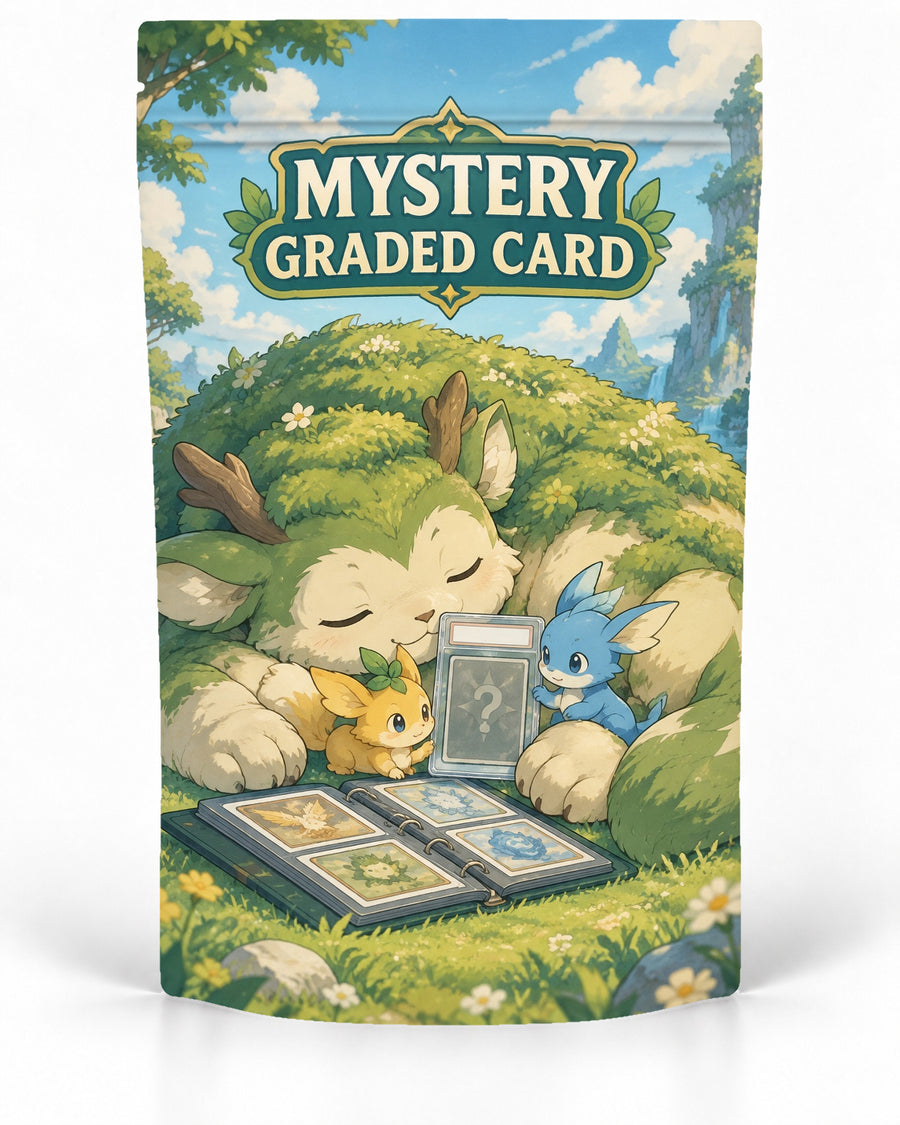 Forest Creatures direct-printed mystery slab bag mock-up featuring a gentle moss-covered forest creature resting with two colourful companions beside a mystery graded card and an open collection binder