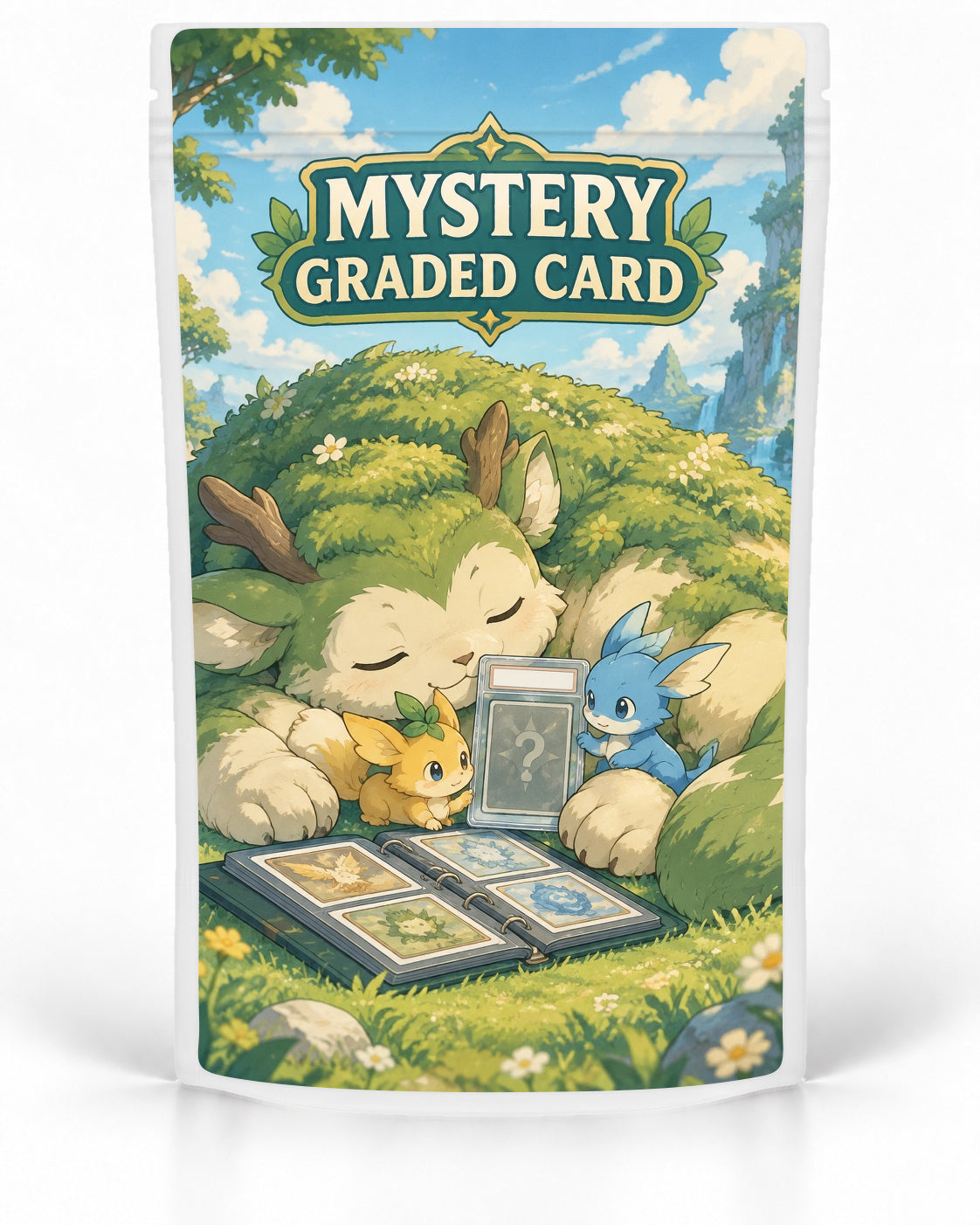 Forest Creatures mystery slab bag mock-up on a white pouch, featuring a gentle moss-covered forest creature resting with two colourful companions beside a mystery graded card and an open collection binder