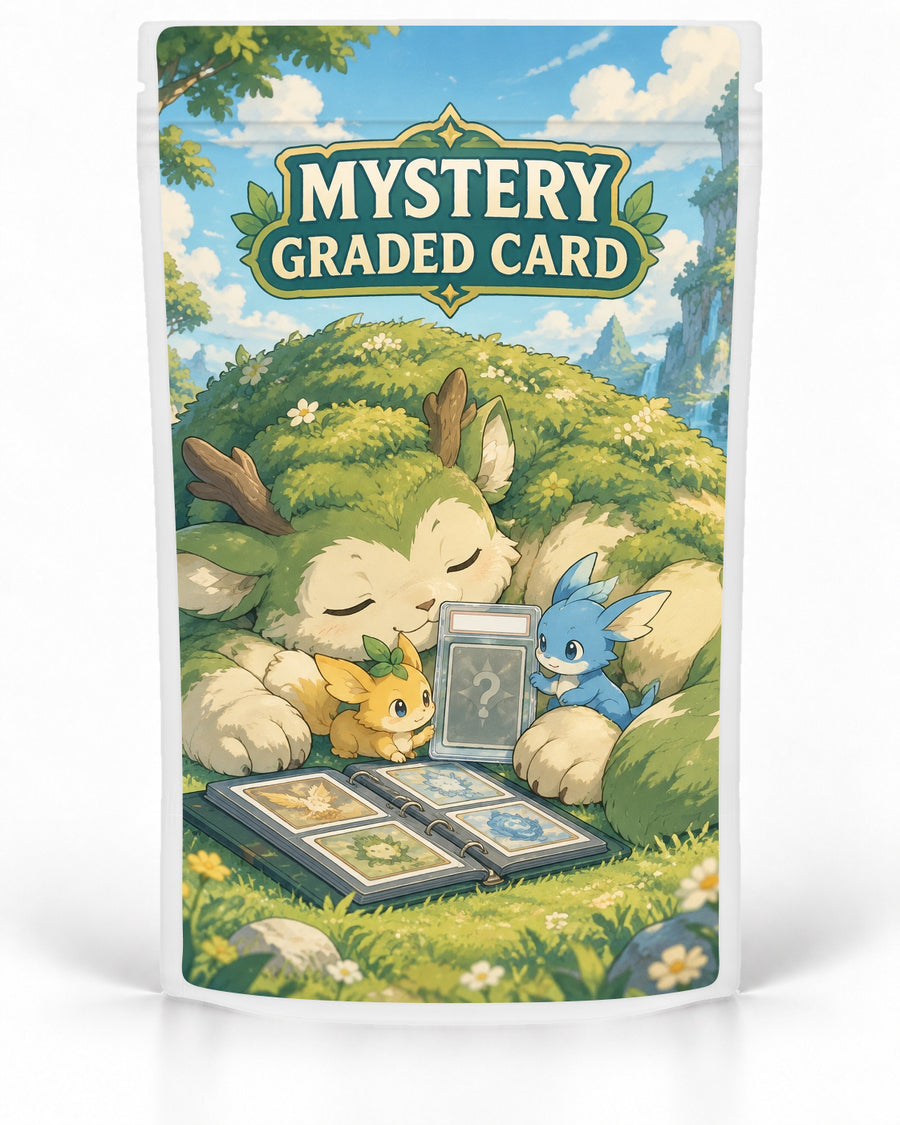 Forest Creatures mystery slab bag mock-up on a white pouch, featuring a gentle moss-covered forest creature resting with two colourful companions beside a mystery graded card and an open collection binder