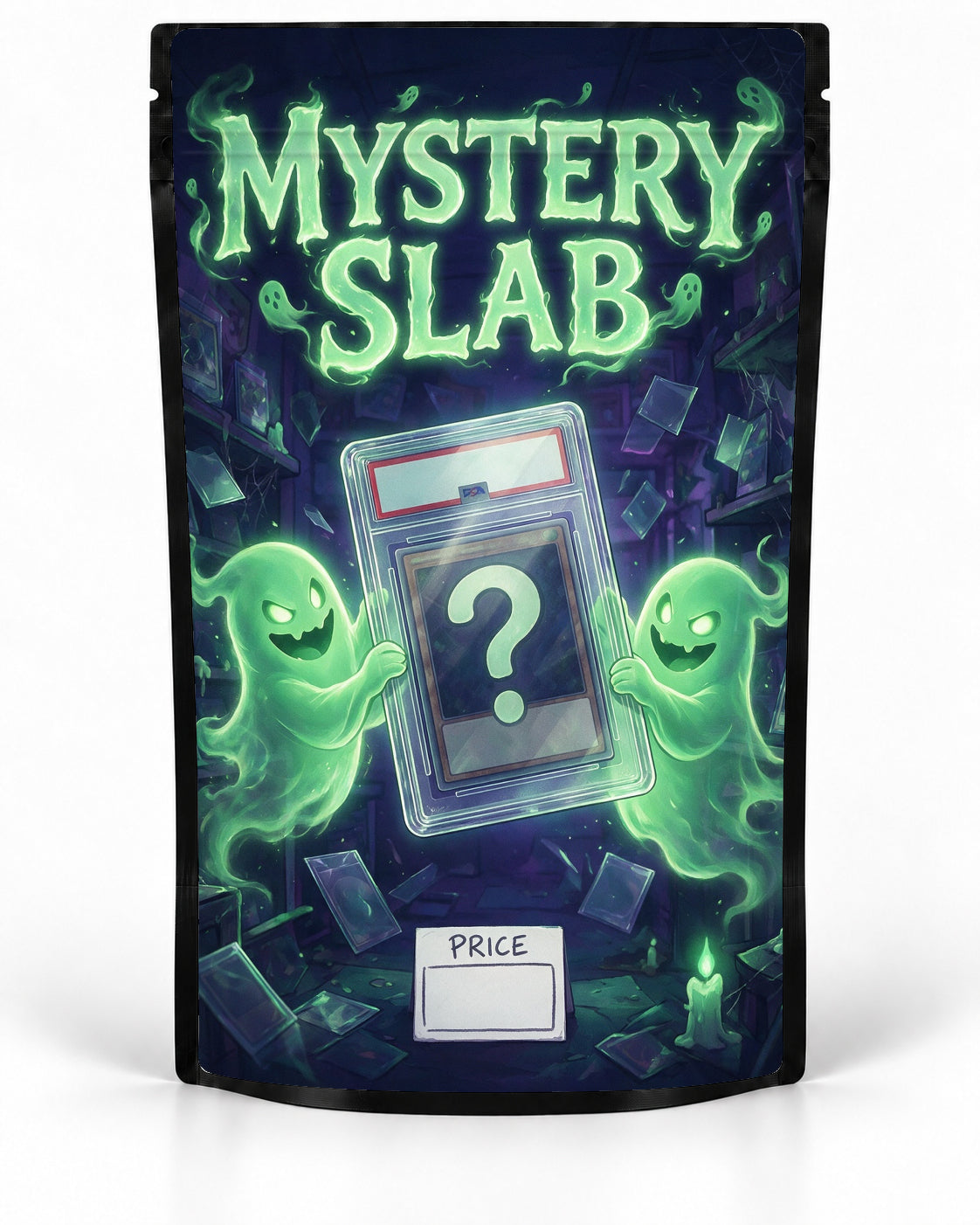 Glowing Ghost labelled Mystery Slab bag for TCG graded-card packaging