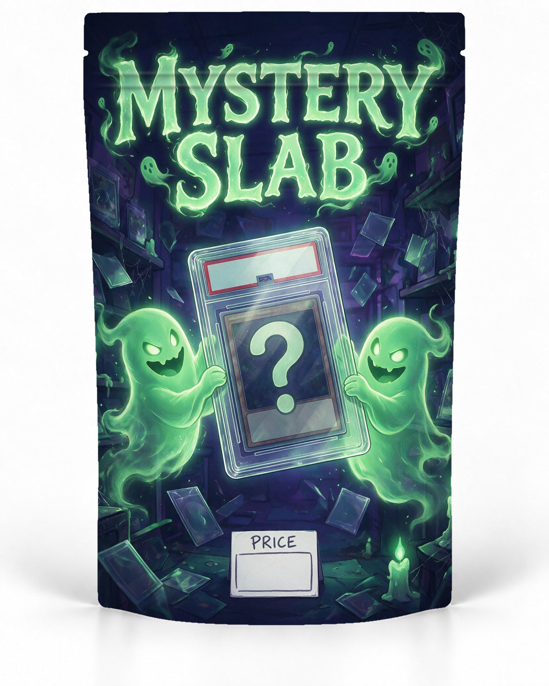 Glowing Ghost direct-printed Mystery Slab bag for TCG graded-card packaging