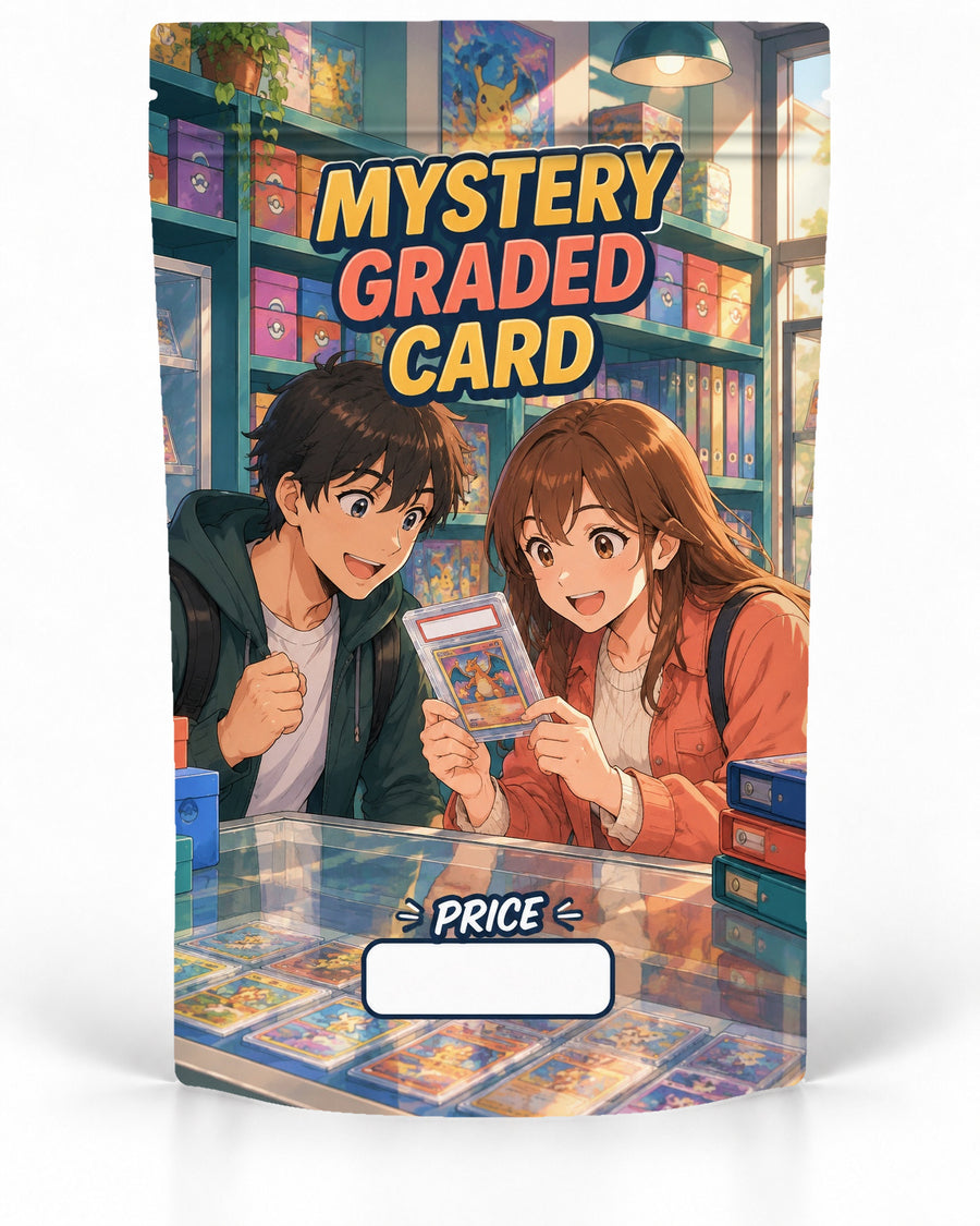 Graded Card Shop direct-printed mystery slab bag mock-up featuring two excited collectors revealing a graded card at a bright card-shop counter surrounded by colourful boxes, binders and cards