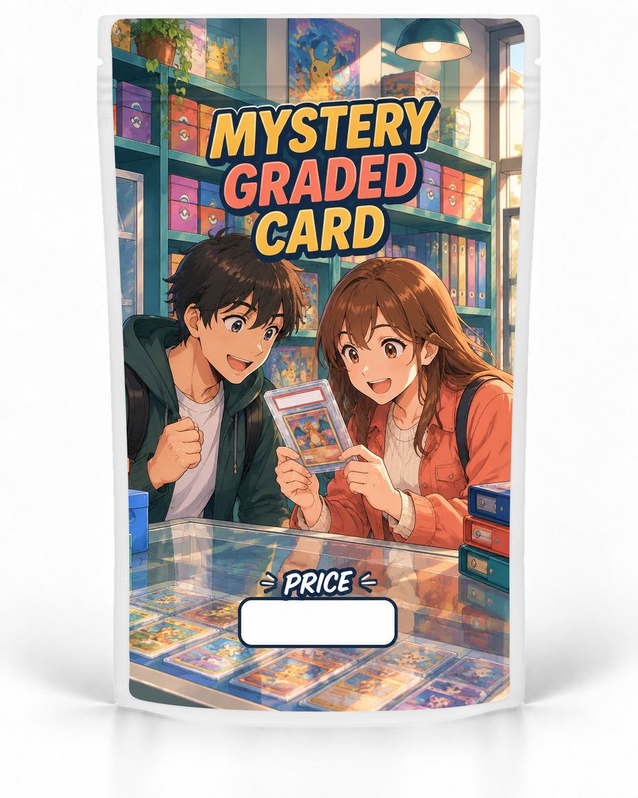 Graded Card Shop mystery slab bag mock-up on a white pouch, featuring two excited collectors revealing a graded card at a bright card-shop counter surrounded by colourful boxes, binders and cards