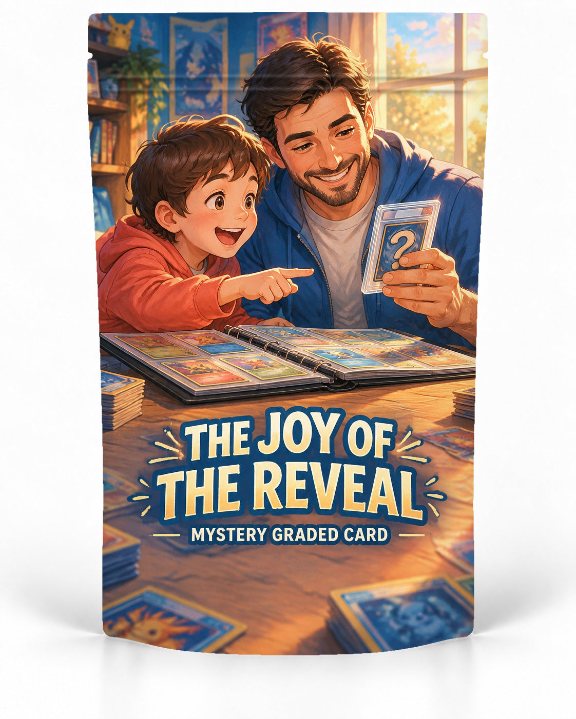 Joy of the Reveal direct-printed mystery slab bag mock-up featuring a parent and child sharing the excitement of revealing a mystery graded card over an open collection binder in a warm sunlit room