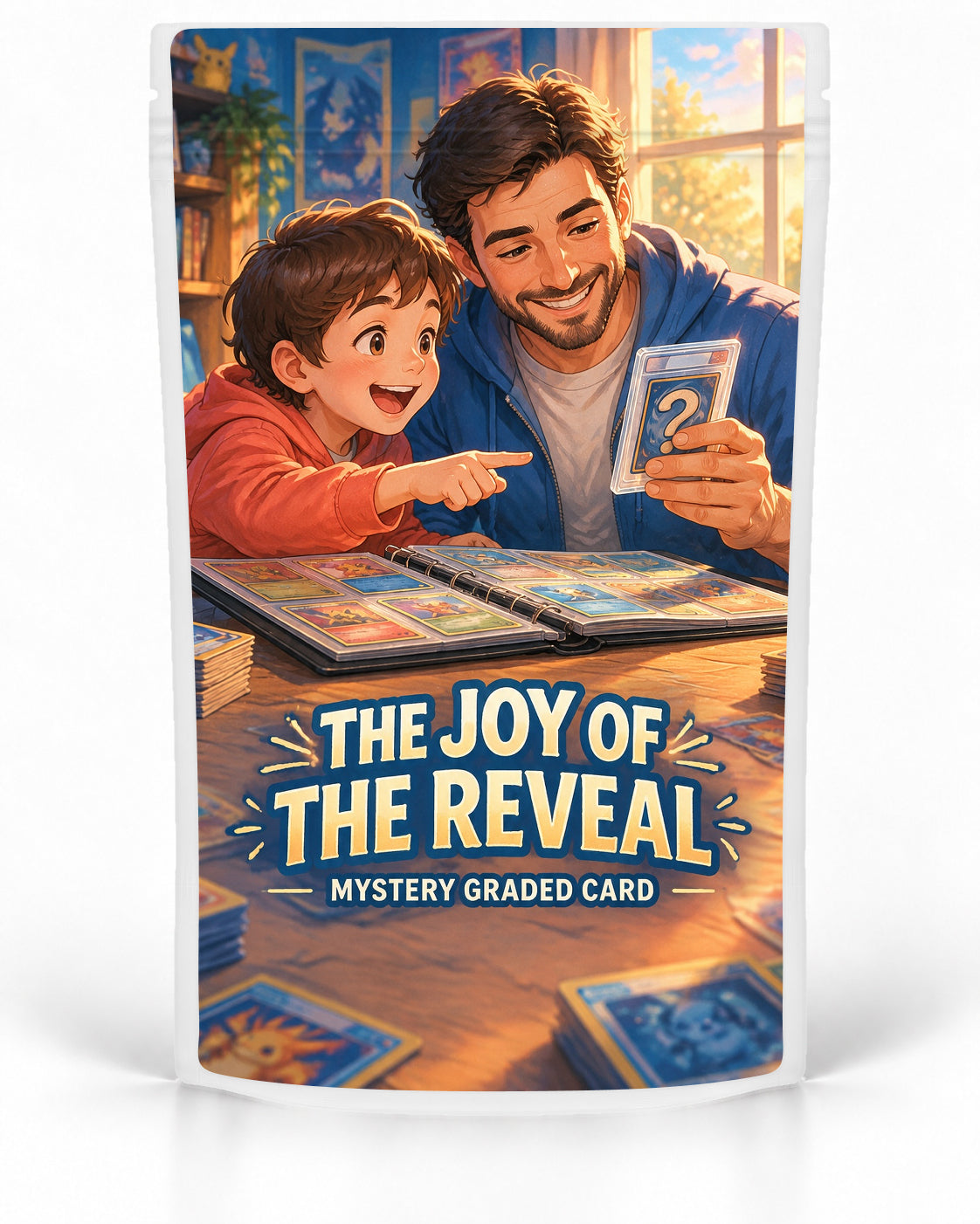 Joy of the Reveal mystery slab bag mock-up on a white pouch, featuring a parent and child sharing the excitement of revealing a mystery graded card over an open collection binder in a warm sunlit room