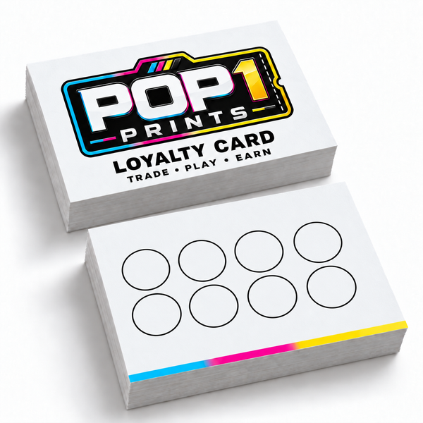 POP1 Prints white loyalty cards: Trade Play Earn branding and eight empty circular stamp spaces