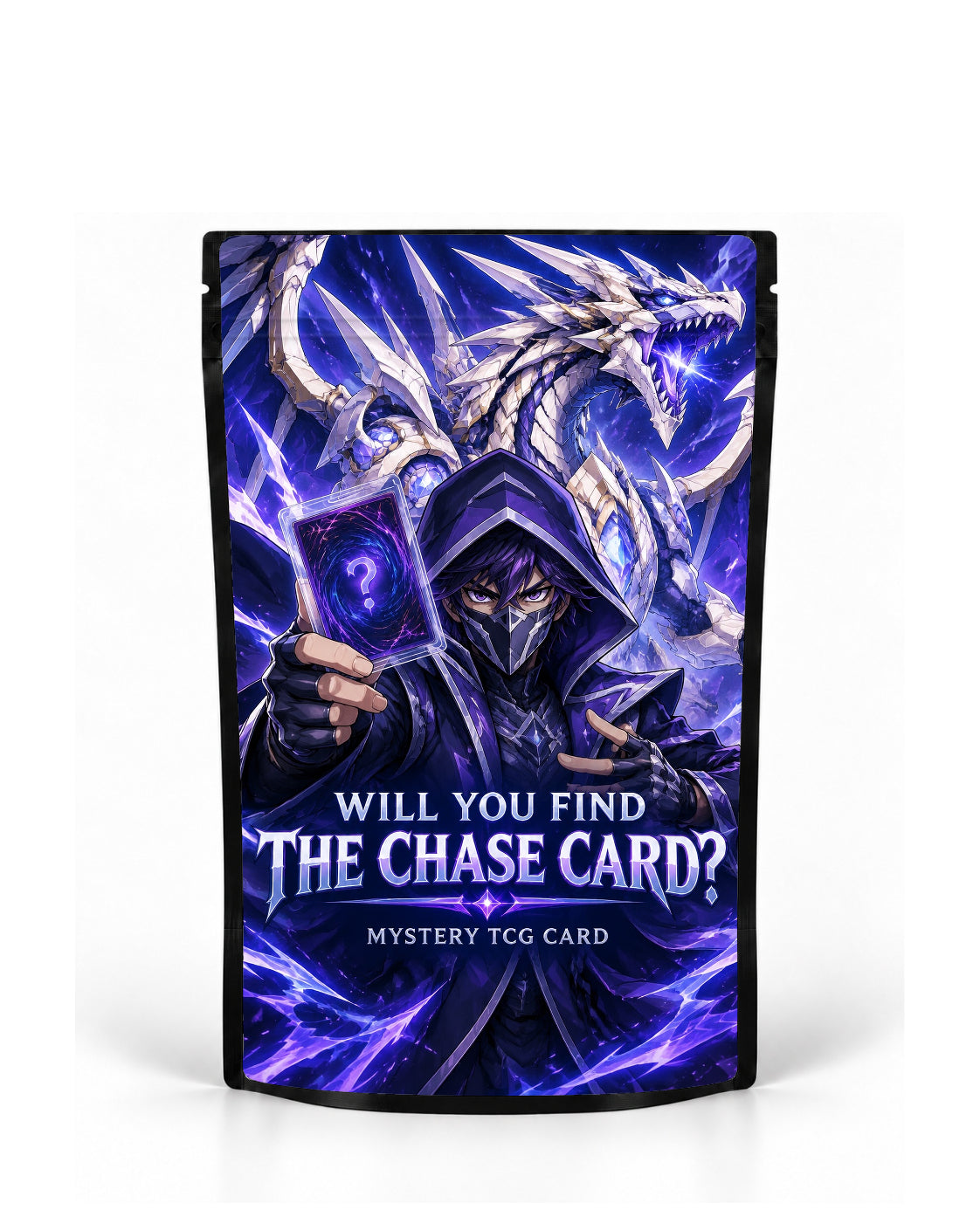 Masked Dragon mystery TCG card bag mock-up on a black pouch, featuring a masked hooded collector holding a mystery card beneath a huge white-and-violet dragon amid intense purple lightning and crystal-like energy