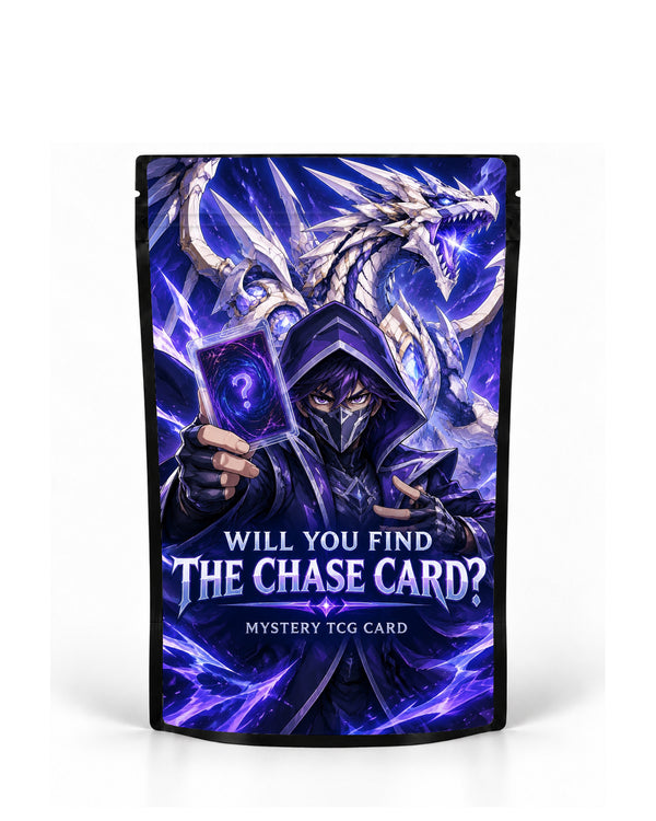 Masked Dragon mystery TCG card bag mock-up on a black pouch, featuring a masked hooded collector holding a mystery card beneath a huge white-and-violet dragon amid intense purple lightning and crystal-like energy