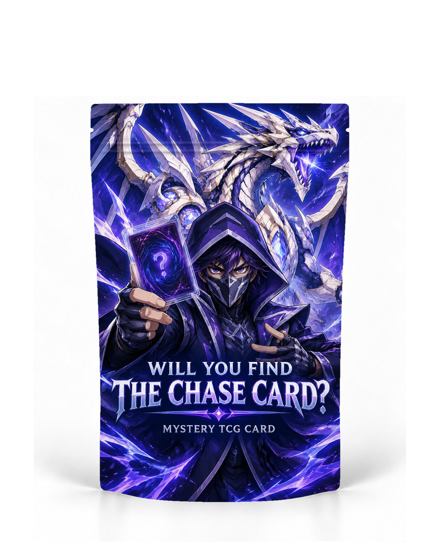 Masked Dragon direct-printed mystery TCG card bag mock-up featuring a masked hooded collector holding a mystery card beneath a huge white-and-violet dragon amid intense purple lightning and crystal-like energy