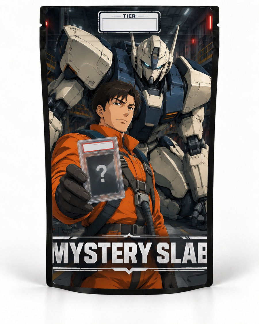 Mech Hangar mystery slab bag mock-up on a black pouch, featuring an orange-suited pilot presenting a mystery slab in front of a towering white-and-navy mech inside a dark maintenance hangar