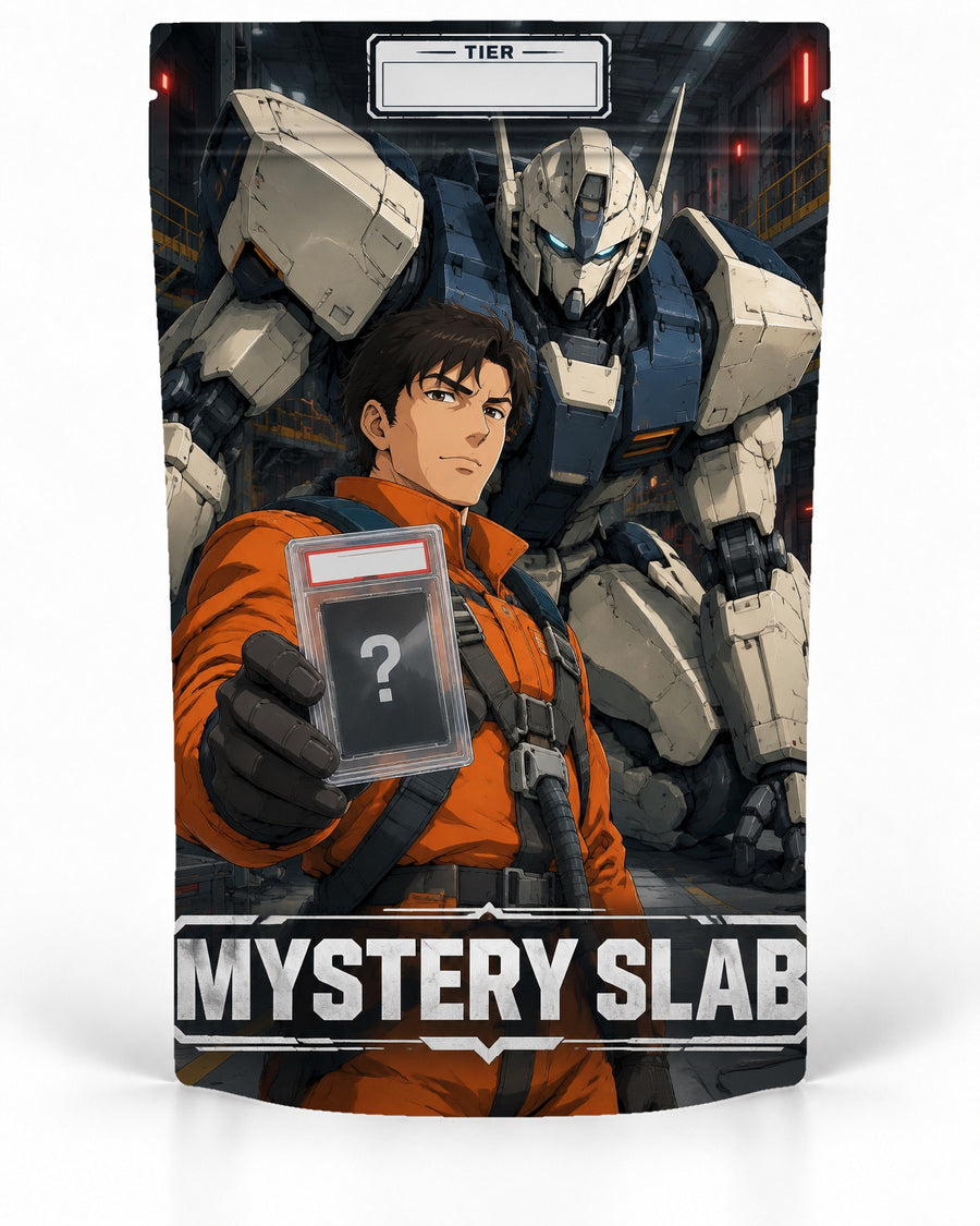 Mech Hangar direct-printed mystery slab bag mock-up featuring an orange-suited pilot presenting a mystery slab in front of a towering white-and-navy mech inside a dark maintenance hangar