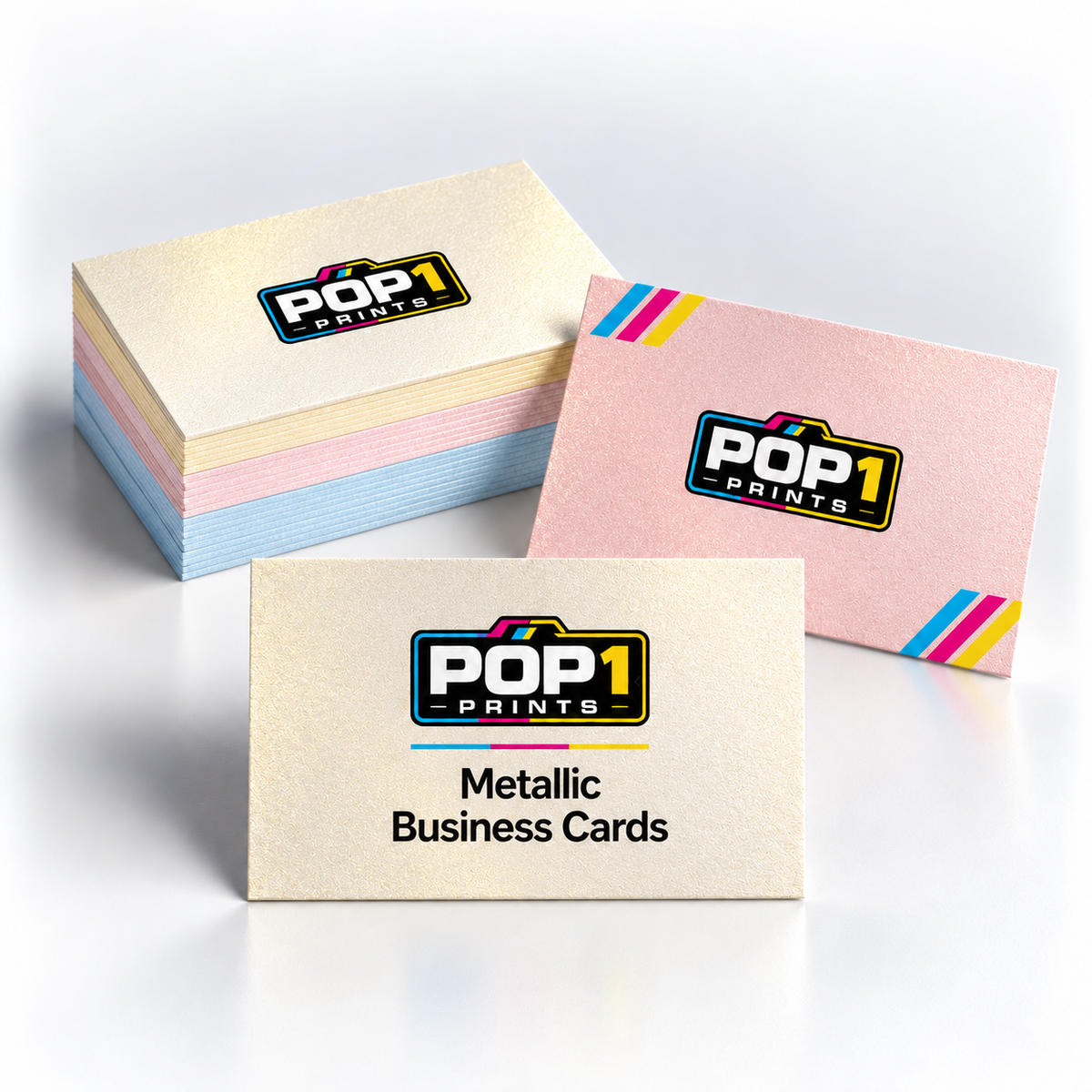 POP1 Prints Metallic Business Cards with gold, pink and blue iridescent stock