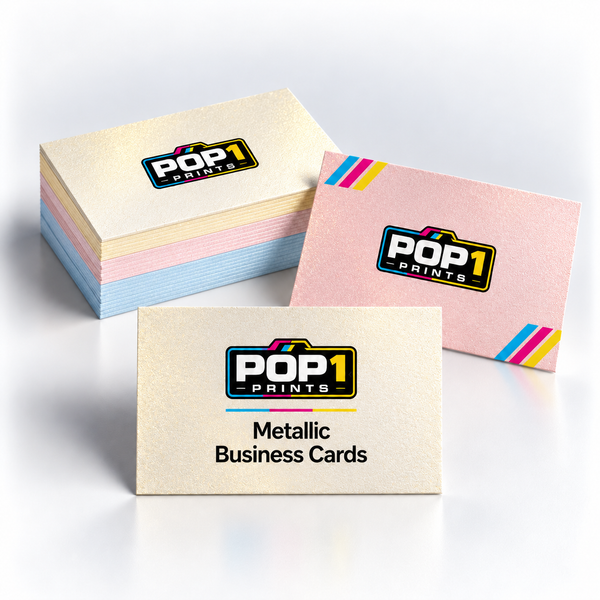 POP1 Prints Metallic Business Cards with gold, pink and blue iridescent stock
