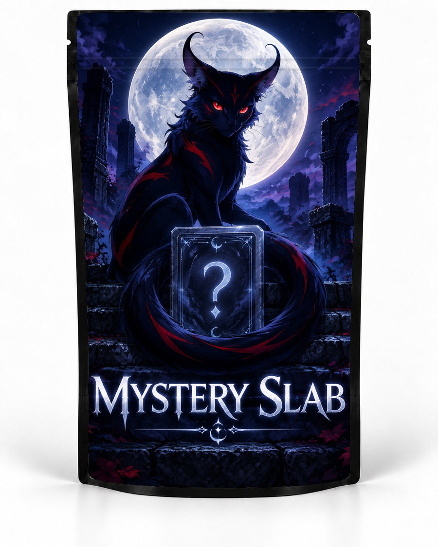 Moonlit Cat labelled Mystery Slab bag for TCG graded-card packaging