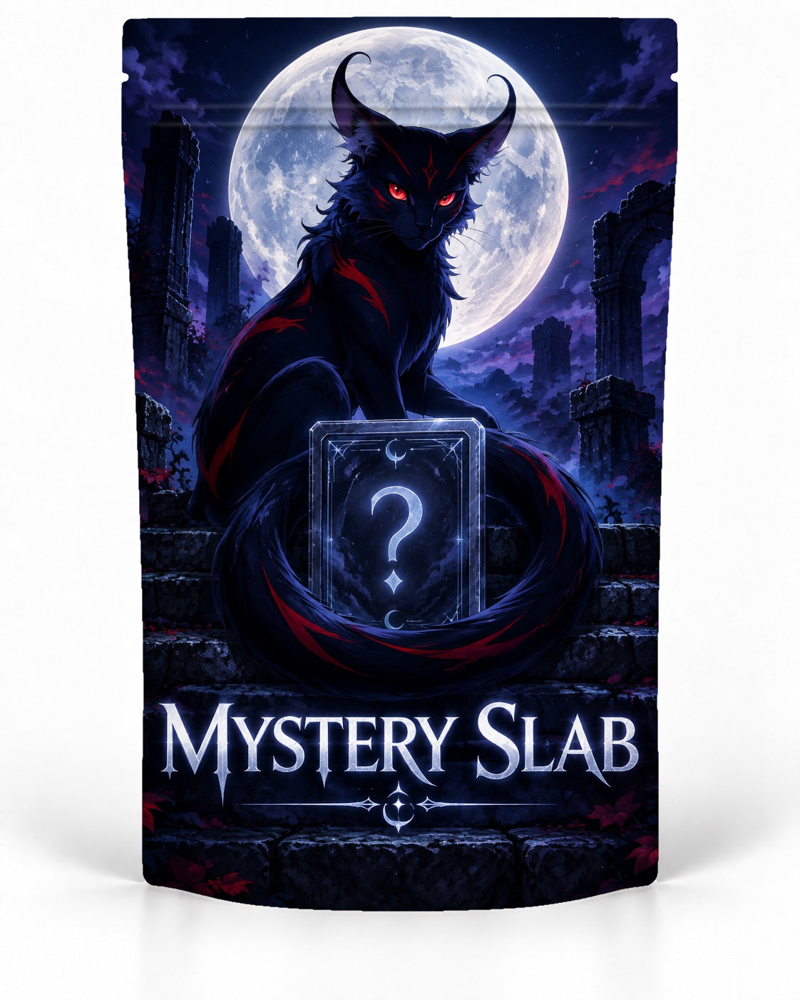 Moonlit Cat direct-printed Mystery Slab bag for TCG graded-card packaging