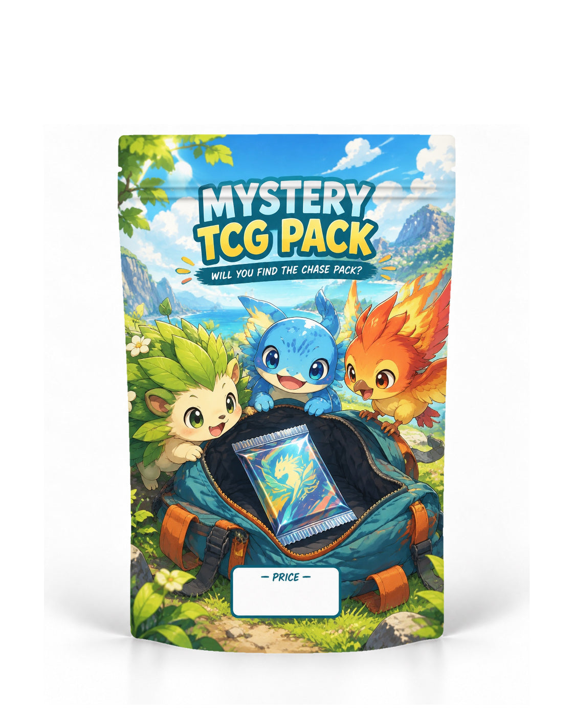 Nature Mystery direct-printed mystery TCG pack bag mock-up featuring three colourful nature-inspired creatures peeking into an open backpack containing a mystery pack, set against a bright lakeside mountain landscape