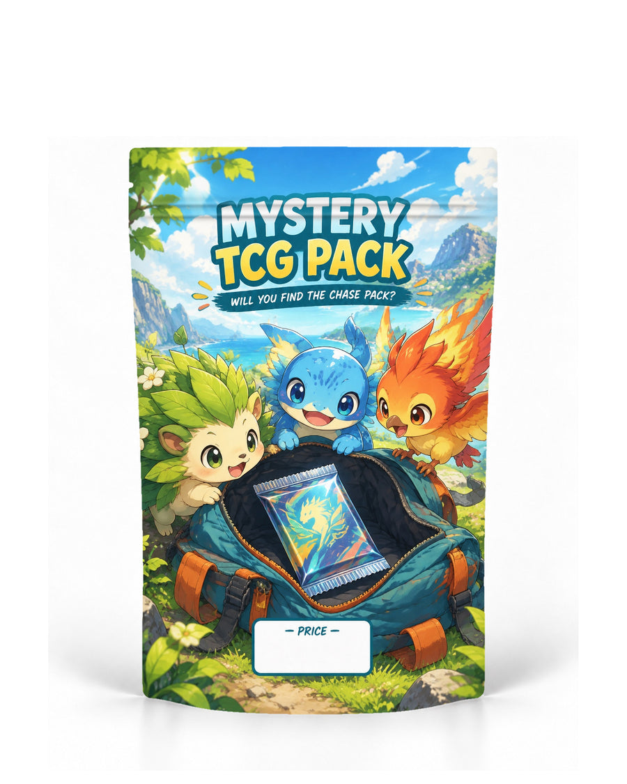 Nature Mystery direct-printed mystery TCG pack bag mock-up featuring three colourful nature-inspired creatures peeking into an open backpack containing a mystery pack, set against a bright lakeside mountain landscape