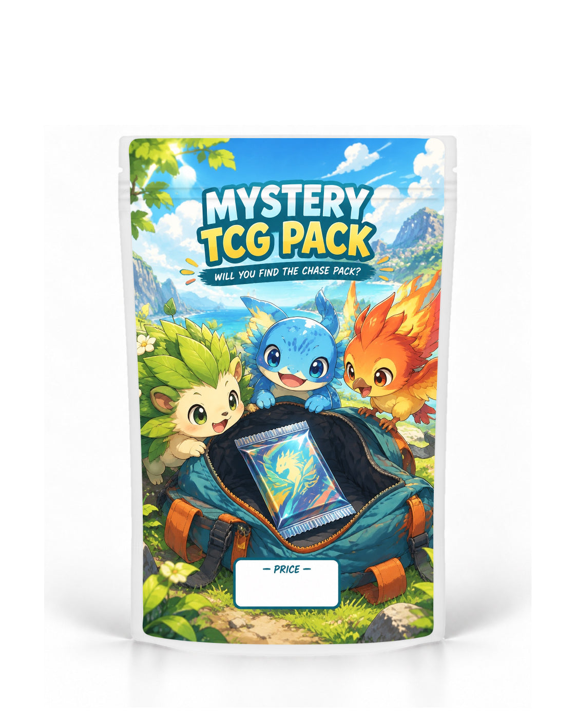 Nature Mystery mystery TCG pack bag mock-up on a white pouch, featuring three colourful nature-inspired creatures peeking into an open backpack containing a mystery pack, set against a bright lakeside mountain landscape