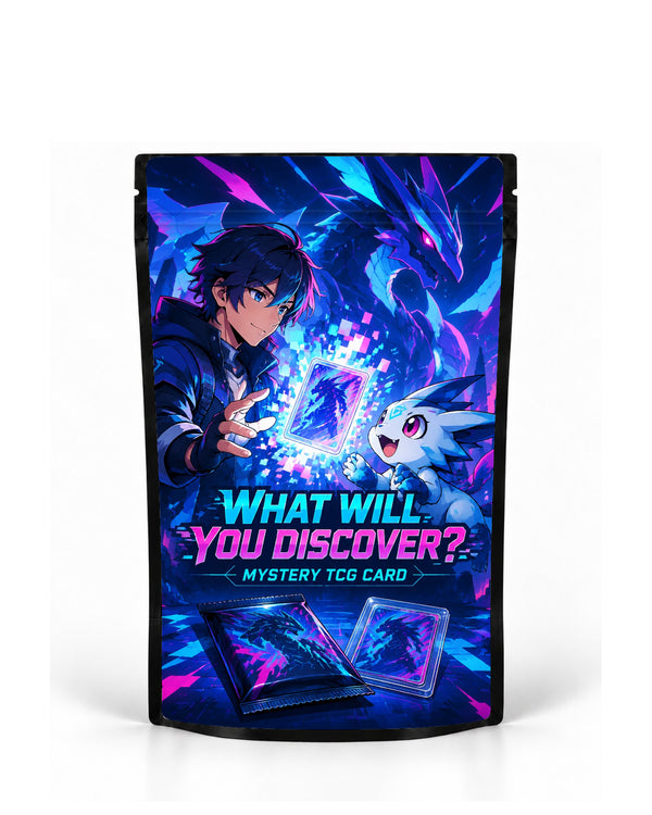 Neon Dragon mystery TCG card bag mock-up on a black pouch, featuring a blue-and-magenta neon collector scene with a glowing mystery card, a small excited dragon companion and a huge digital dragon emerging behind them