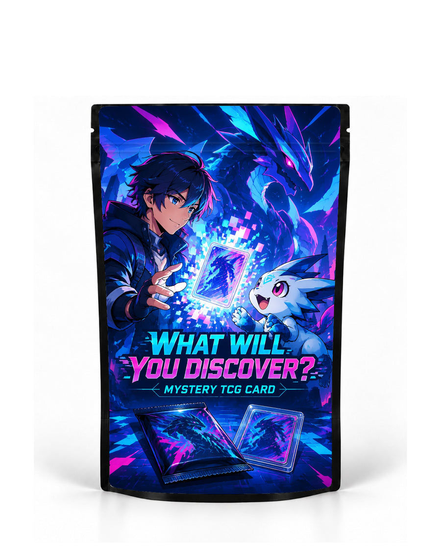 Neon Dragon mystery TCG card bag mock-up on a black pouch, featuring a blue-and-magenta neon collector scene with a glowing mystery card, a small excited dragon companion and a huge digital dragon emerging behind them