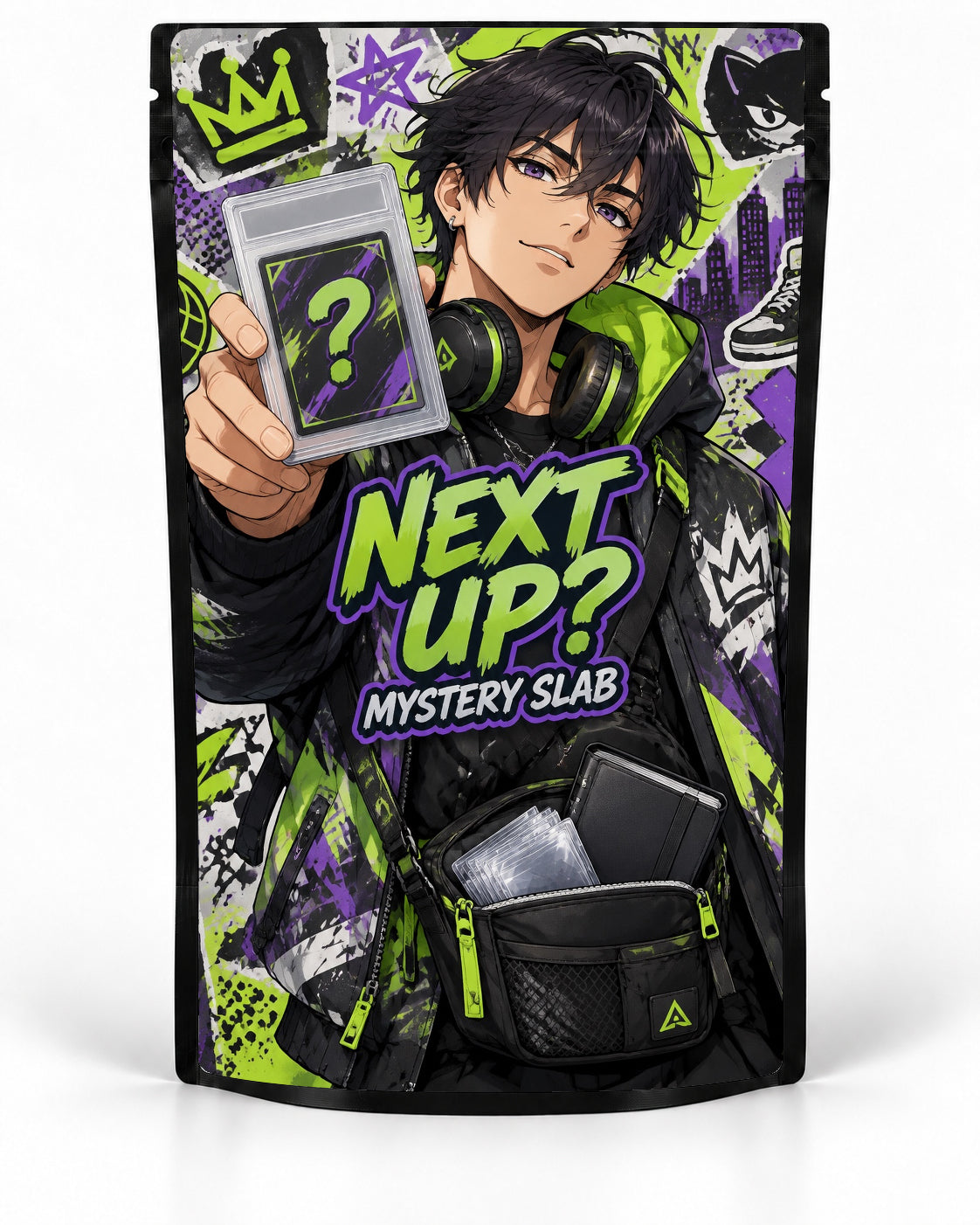 Next Up mystery slab bag mock-up on a black pouch, featuring a streetwear collector in black, lime and purple holding a mystery slab against a graffiti-style city collage, with headphones and a bag full of slabs