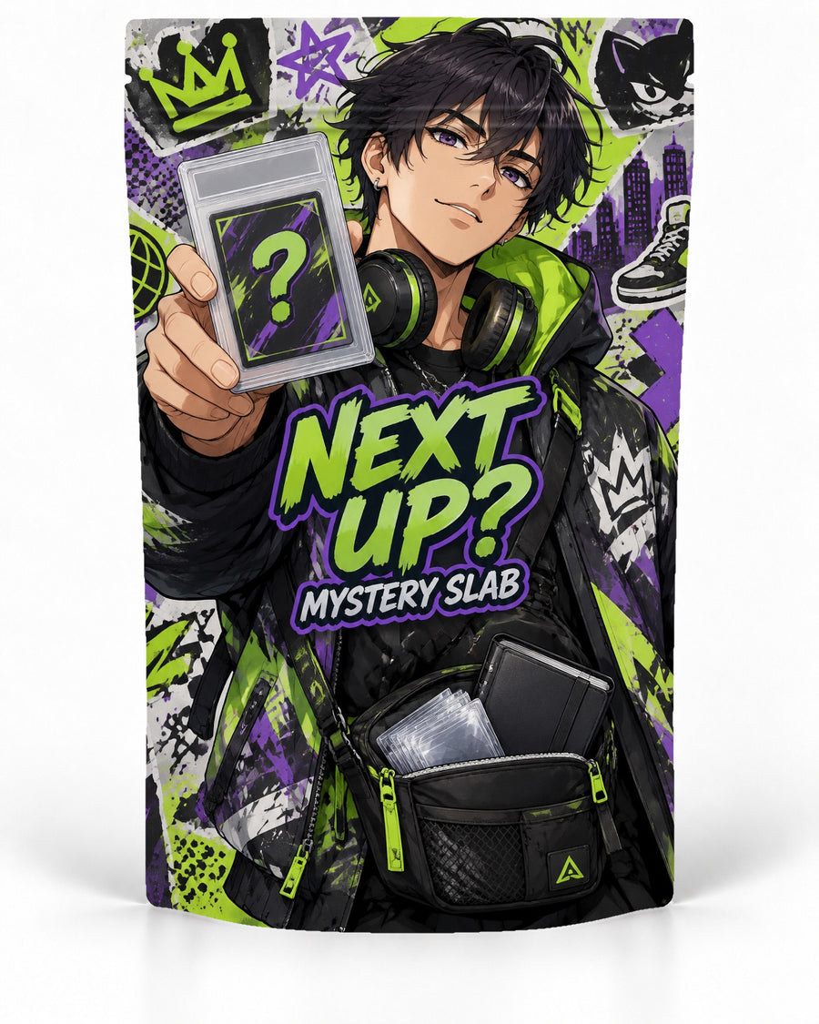 Next Up direct-printed mystery slab bag mock-up featuring a streetwear collector in black, lime and purple holding a mystery slab against a graffiti-style city collage, with headphones and a bag full of slabs