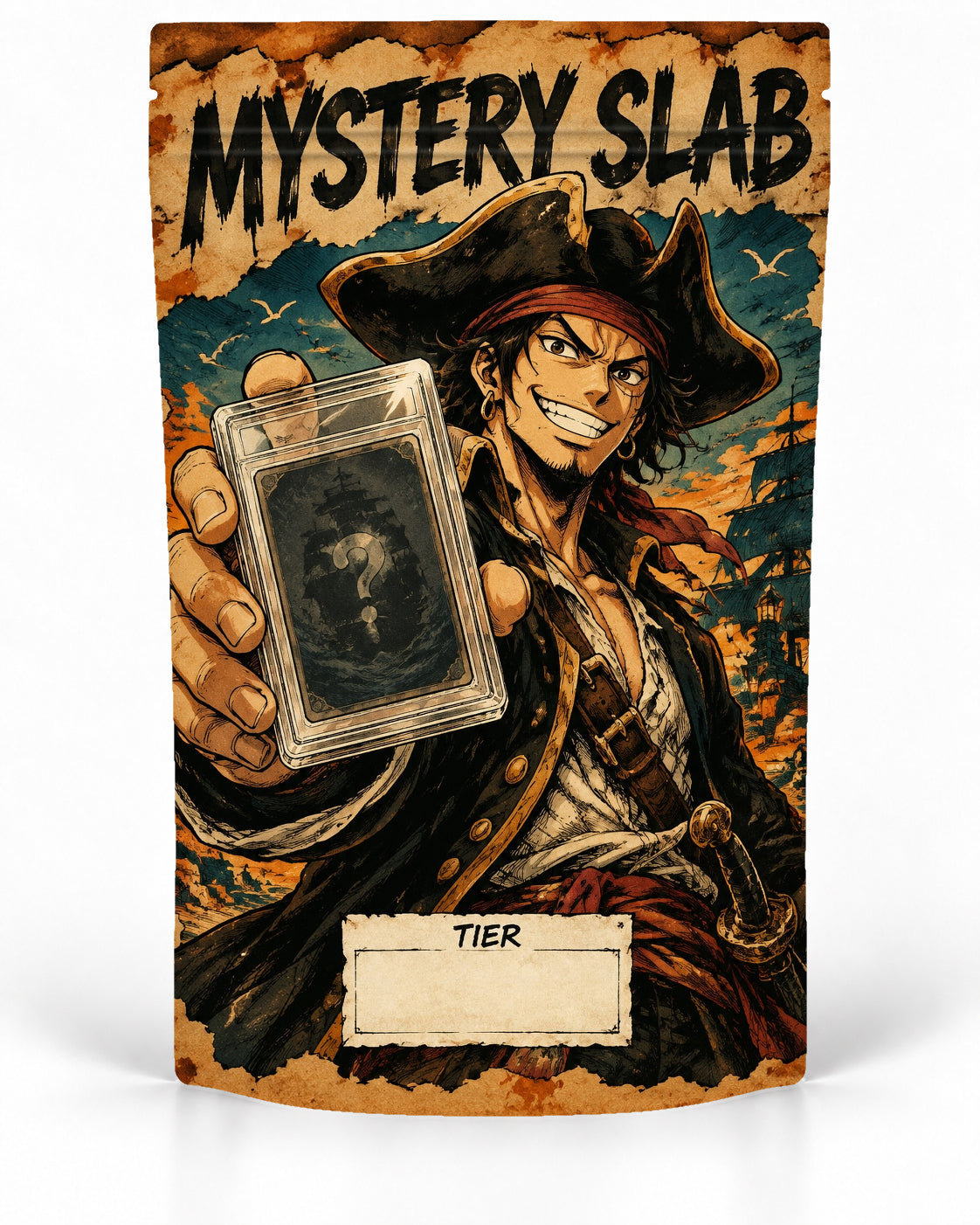 Parchment Pirate direct-printed Mystery Slab bag for TCG graded-card packaging