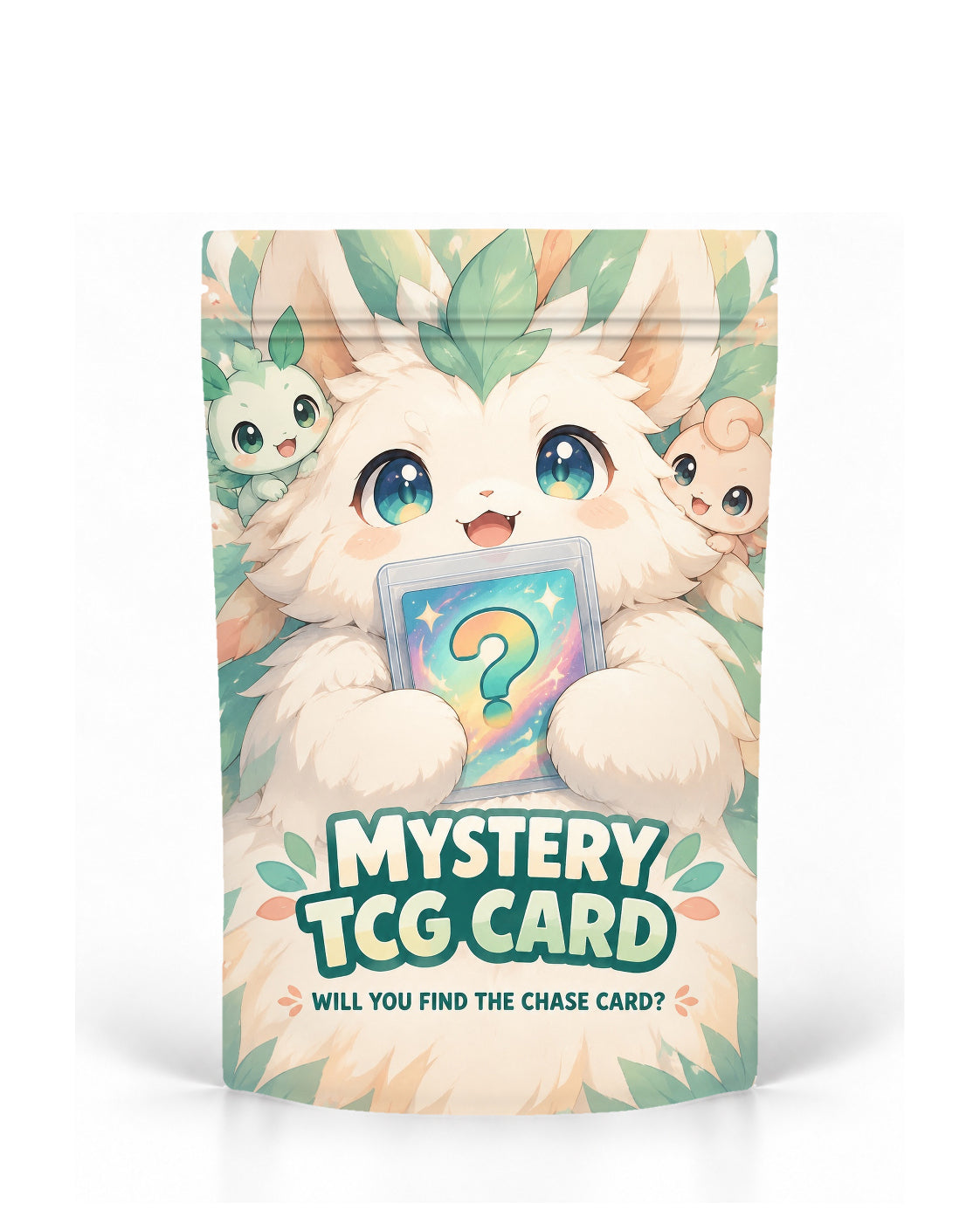 Pastel Mystery direct-printed mystery TCG card bag mock-up featuring a fluffy white creature holding a mystery card with two smaller mint and peach companions, surrounded by soft botanical pastel artwork