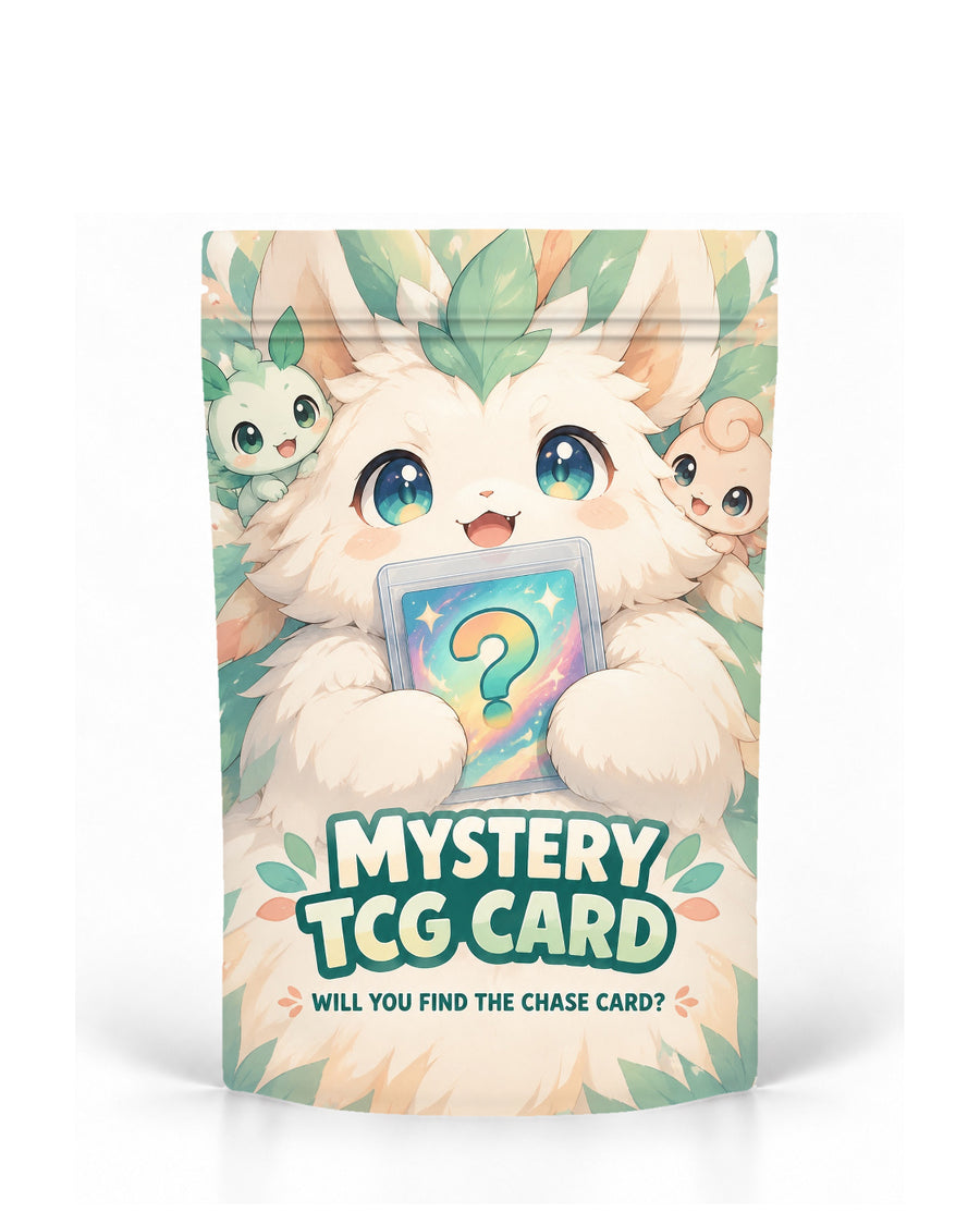 Pastel Mystery direct-printed mystery TCG card bag mock-up featuring a fluffy white creature holding a mystery card with two smaller mint and peach companions, surrounded by soft botanical pastel artwork