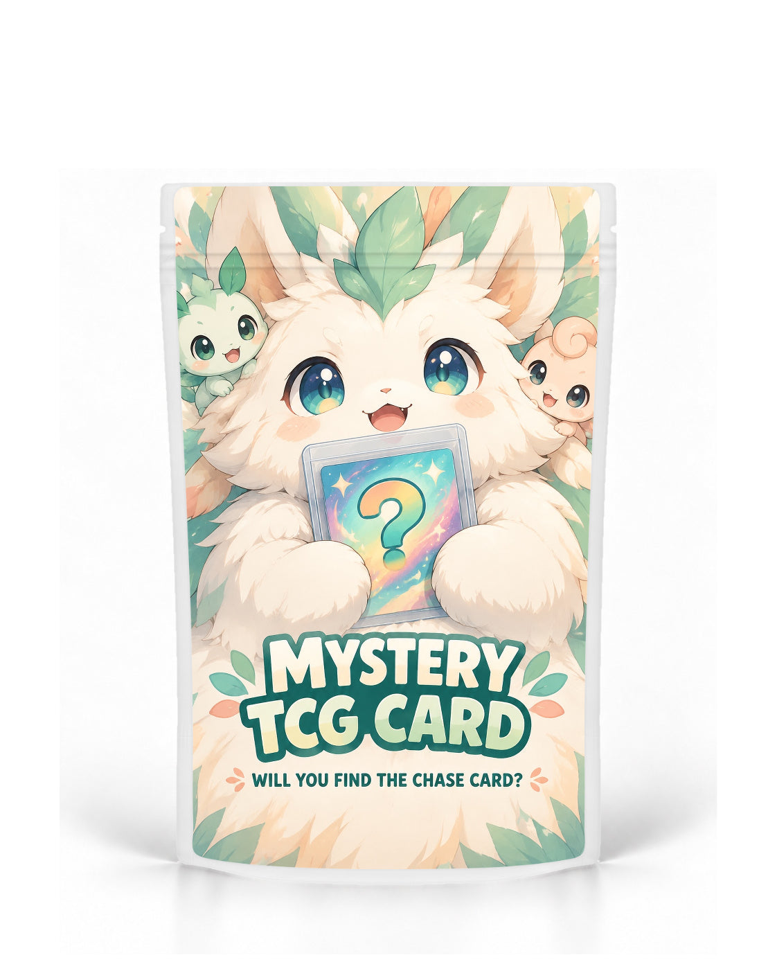 Pastel Mystery mystery TCG card bag mock-up on a white pouch, featuring a fluffy white creature holding a mystery card with two smaller mint and peach companions, surrounded by soft botanical pastel artwork