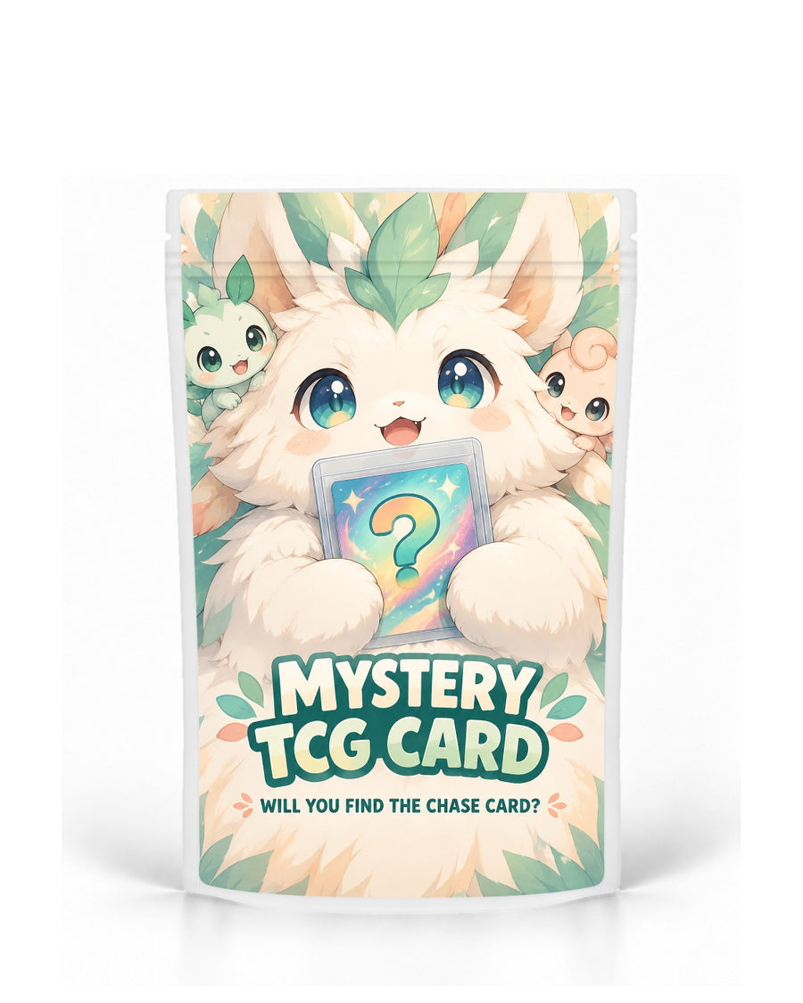 Pastel Mystery mystery TCG card bag mock-up on a white pouch, featuring a fluffy white creature holding a mystery card with two smaller mint and peach companions, surrounded by soft botanical pastel artwork
