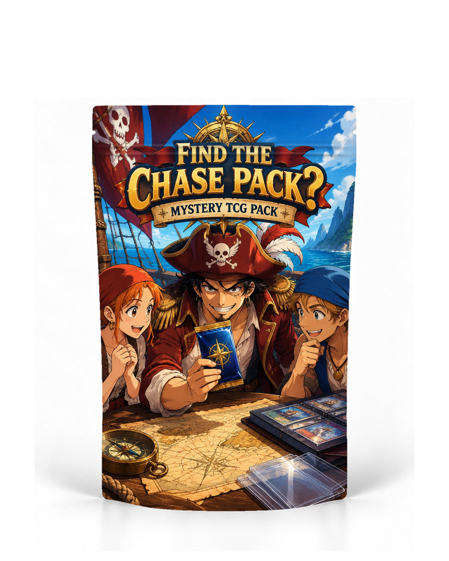 Pirate Chase direct-printed mystery TCG pack bag mock-up featuring a pirate captain and two crewmates gathered around a treasure map while the captain holds up a mystery TCG pack aboard a sunlit ship